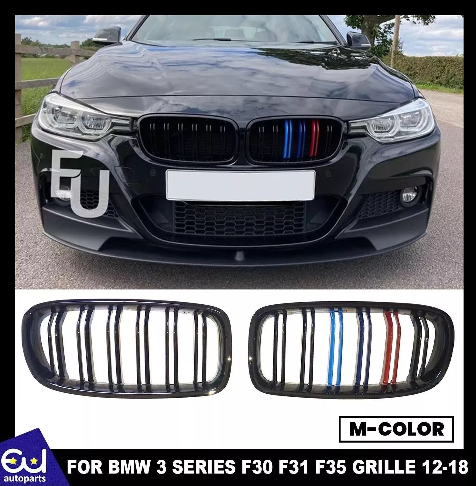 FOR BMW 3 SERIES F30 F31 12-18 KIDNEY TWIN GRILL GRILLE M COLOR GLOSS DUAL LINE