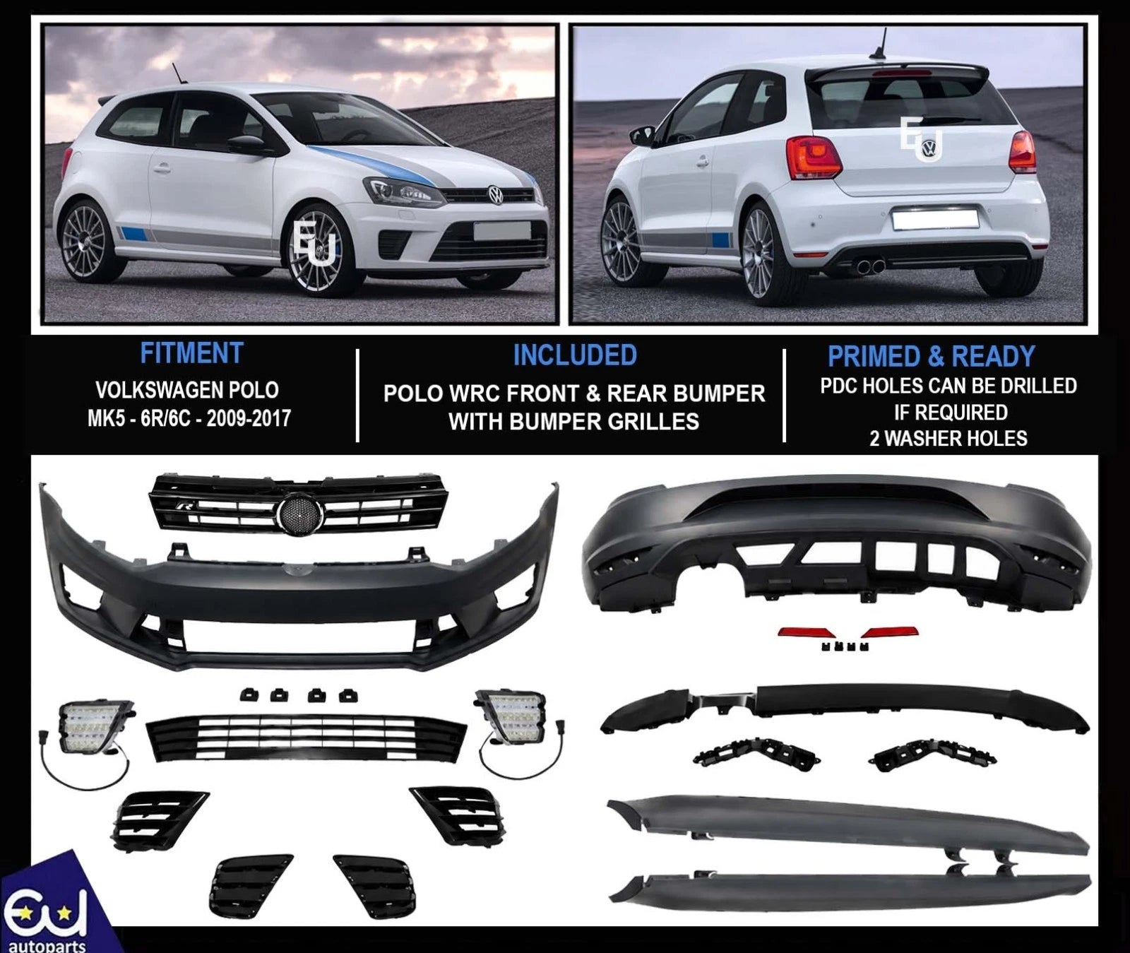 FOR VW VOLKSWAGEN POLO MK5 6R 6C 2009-2017 FRONT & REAR BUMPER KIT WRC STYLE