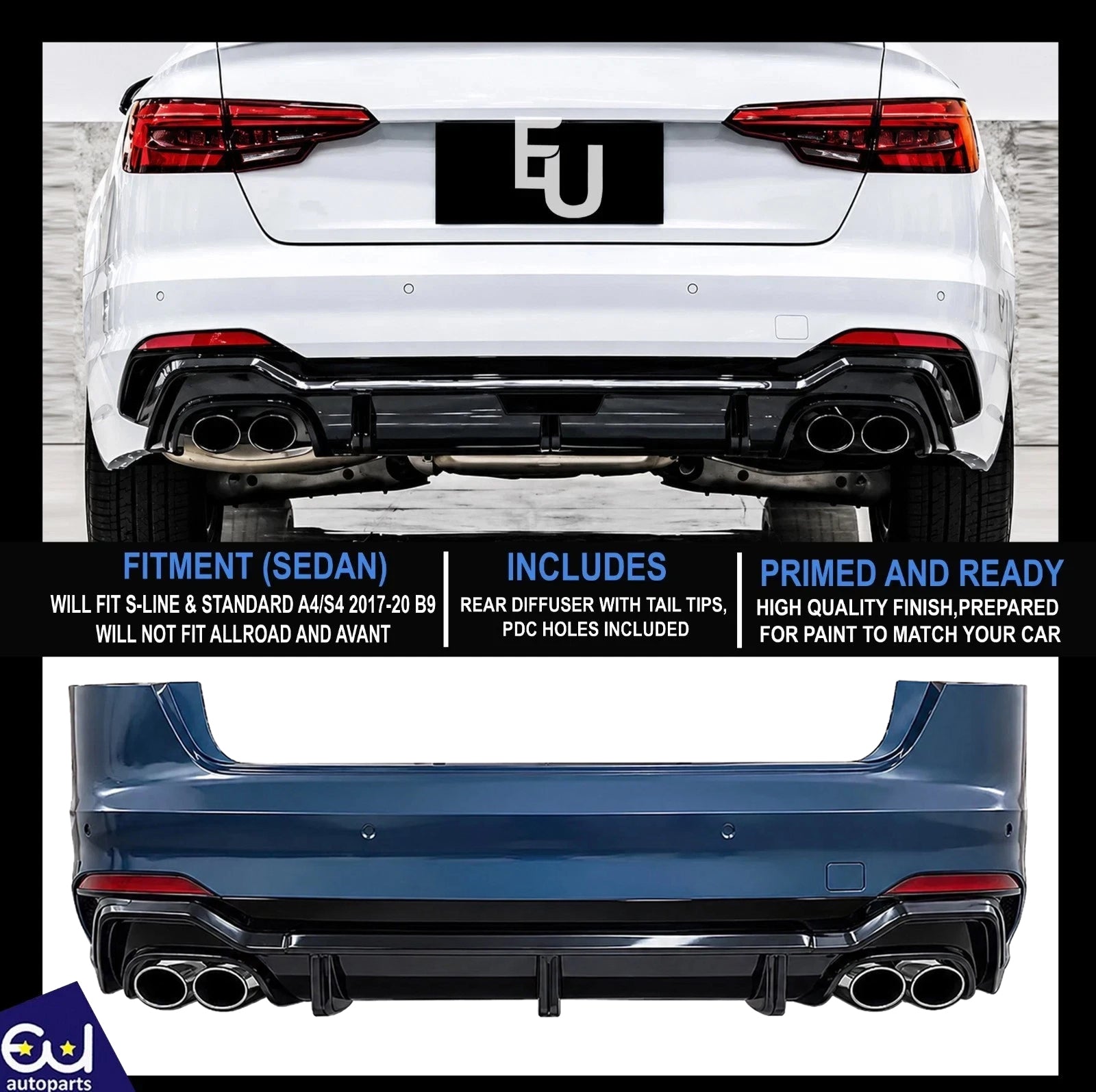 RS4 ABT CONVERSION REAR BUMPER QUAD EXHAUST DIFFUSER FOR AUDI A4 S4 B9 2017-2020