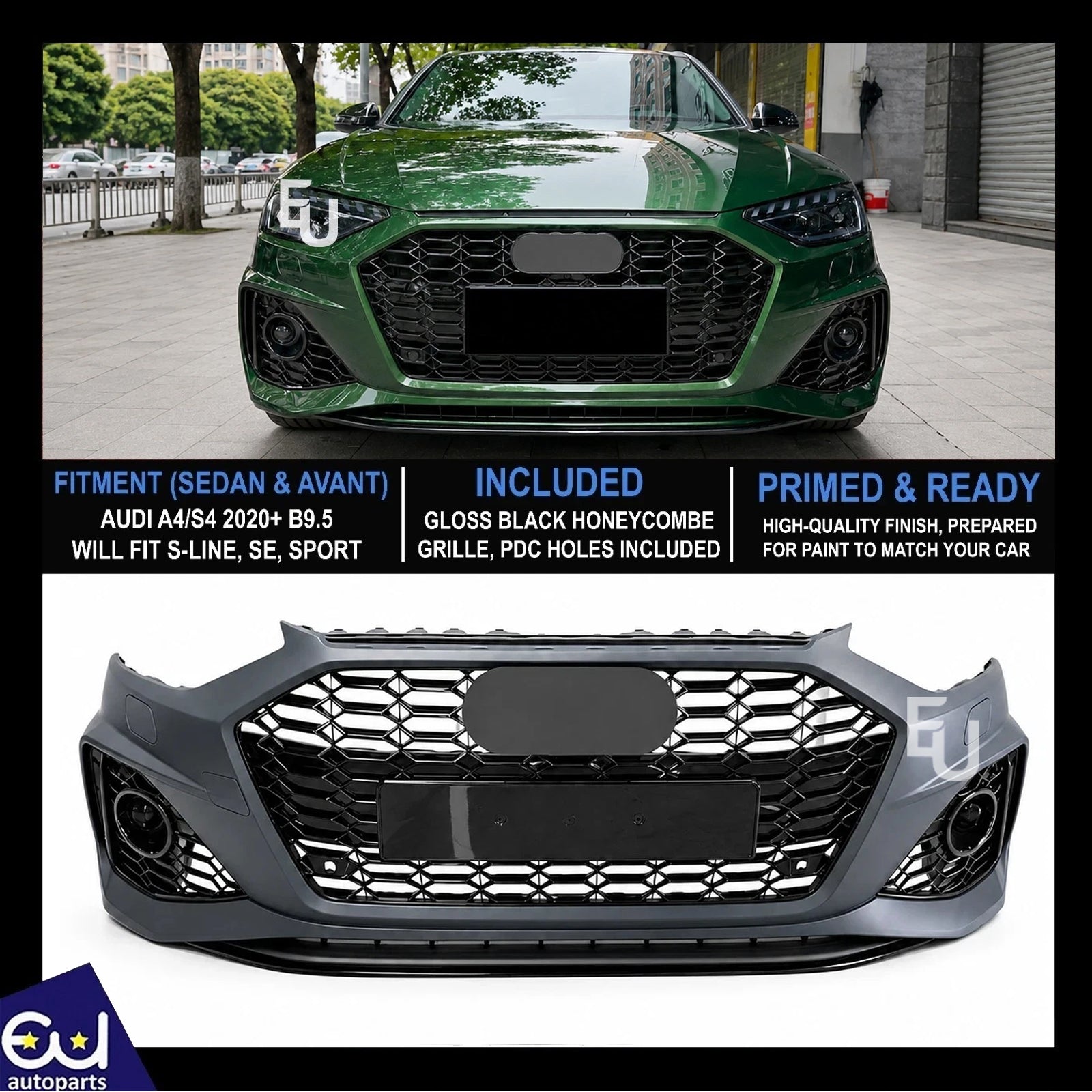 RS4 CONVERSION FRONT BUMPER BODY KIT W/PDC FOR AUDI A4 S4 B9.5 2020+ SEDAN AVANT