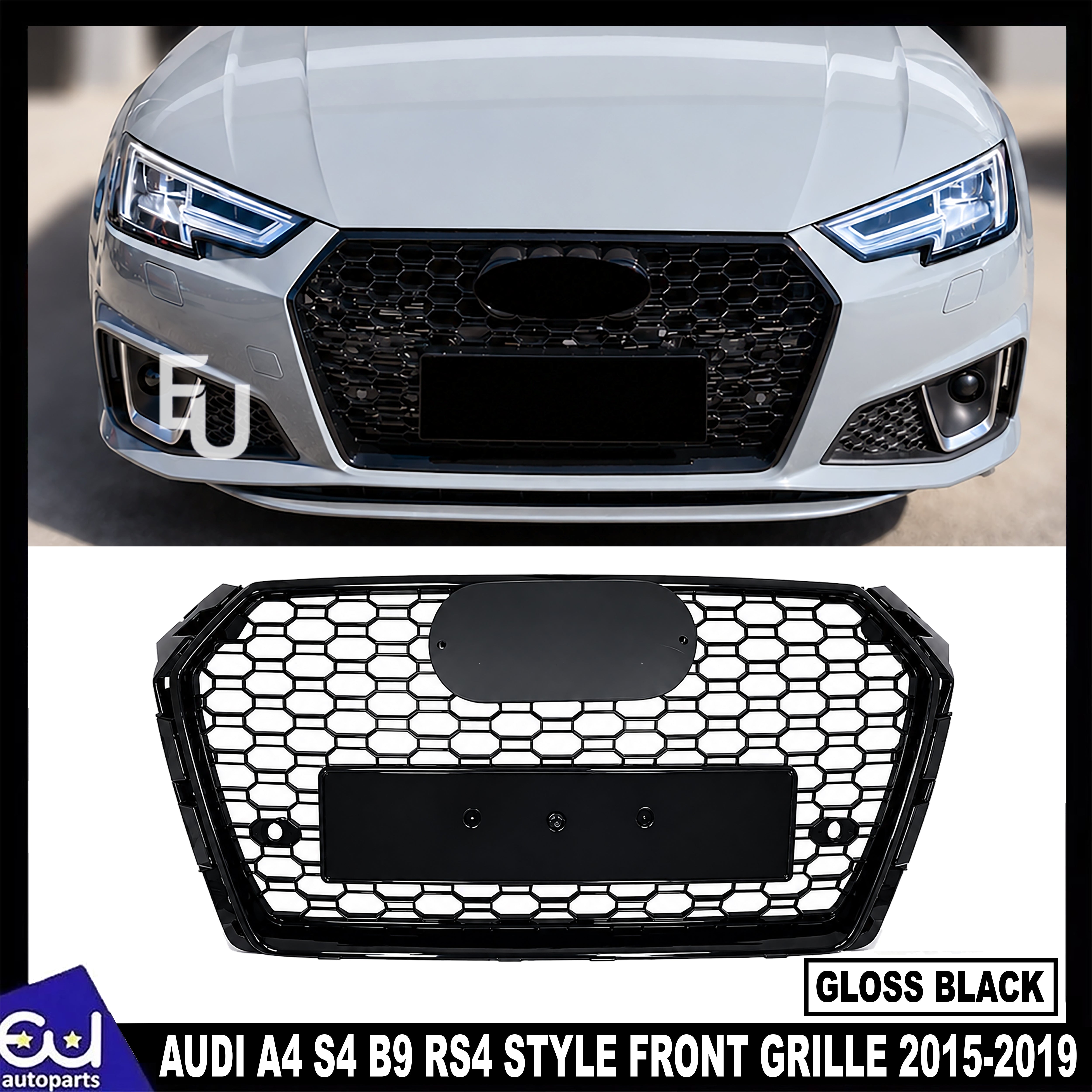 FRONT HONEYCOMB GRILLE RS4 STYLE GLOSS BLACK GRILLE FOR AUDI A4 S4 B9 15-19