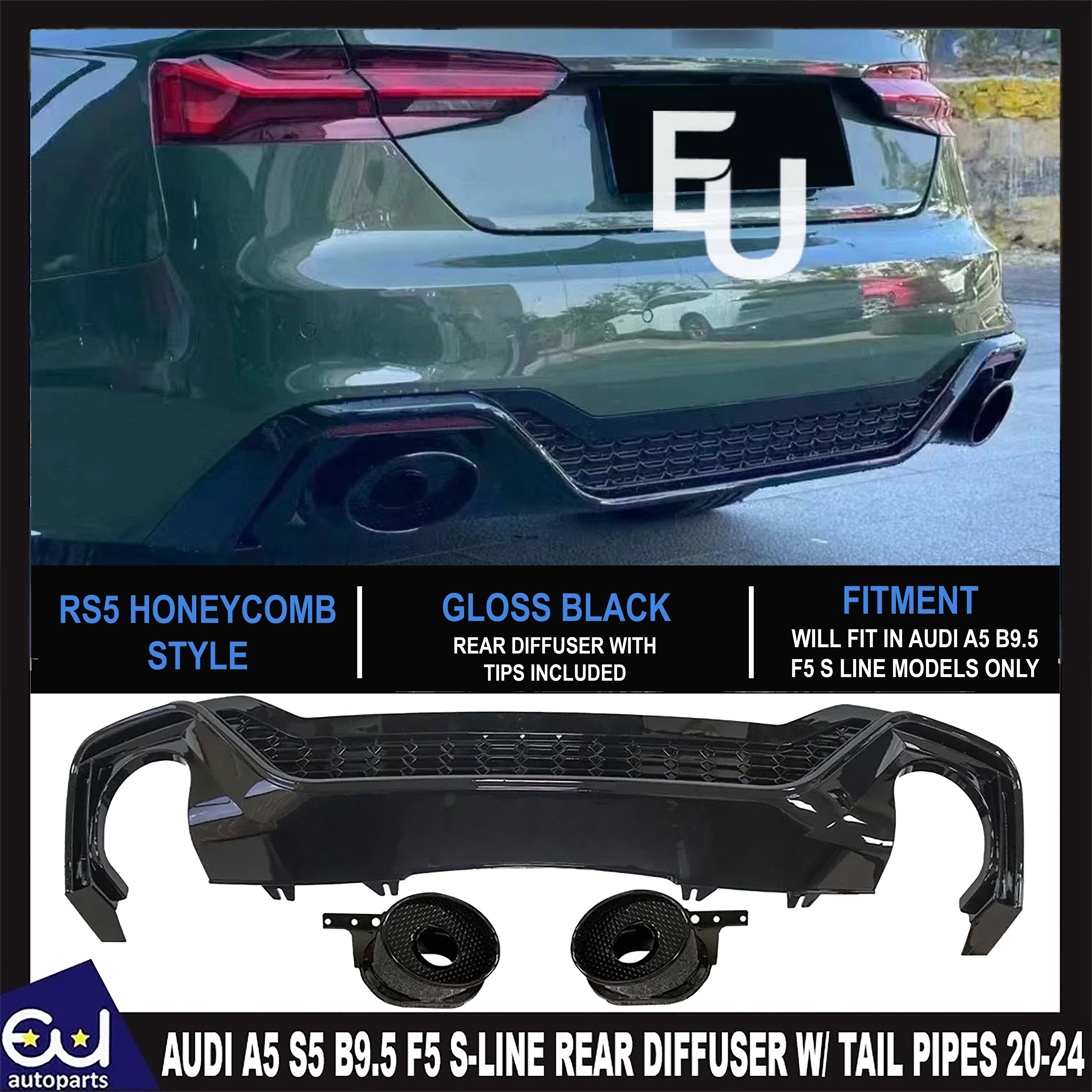 FOR AUDI A5 S5 B9.5 F5 S-LINE RS5 LOOK HONEYCOMB REAR DIFFUSER W/PIPES 2020-24