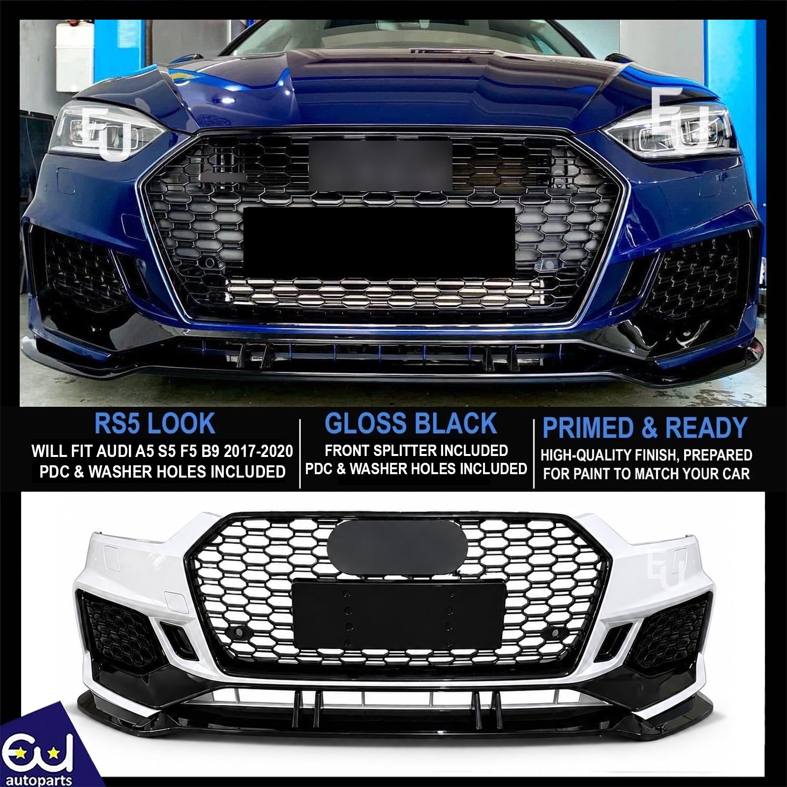 RS5 LOOK FRONT SPLITTER BUMPER BODY KIT GRILLE FOR AUDI A5 S5 B9 8W 2017-2020