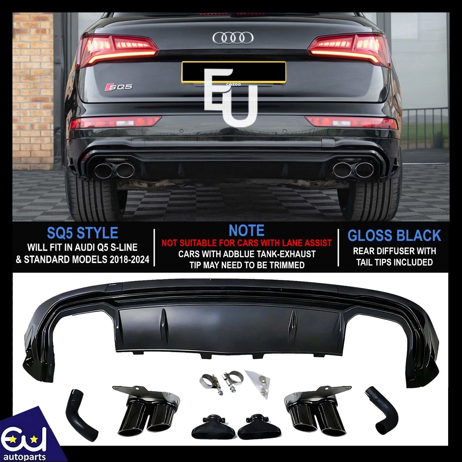 REAR DIFFUSER SQ5 STYLE GLOSS BLACK QUAD TAILPIPES LIP FOR AUDI Q5 SE 2018-2024