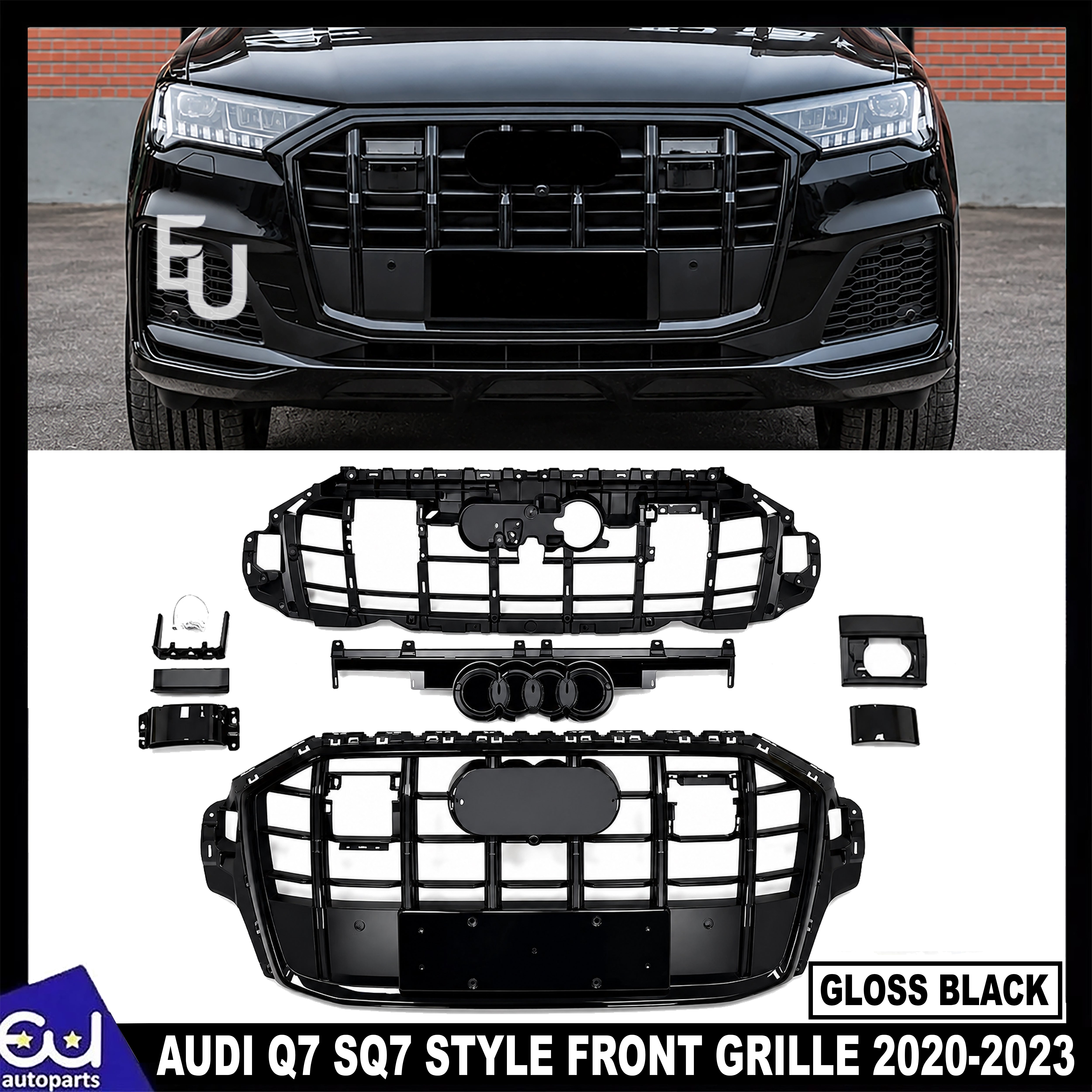 SQ7 STYLE FRONT BUMPER GRILL GRILLE FOR AUDI Q7 4M FACELIFT 2020-23 GLOSS BLACK