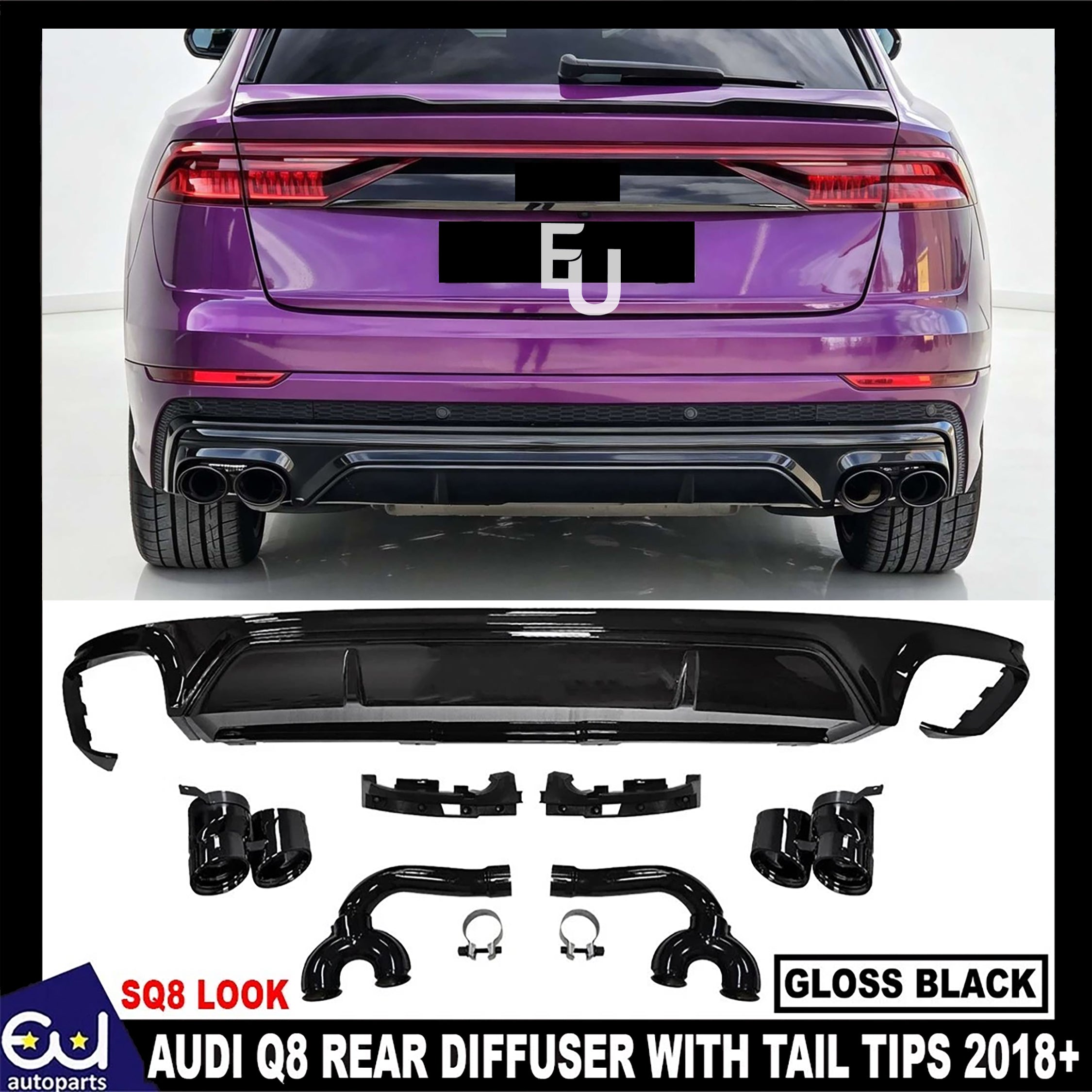 SQ8 LOOK REAR BUMPER DIFFUSER FOR AUDI Q8 2018+ WITH GLOSS BLACK EXHAUST TIPS