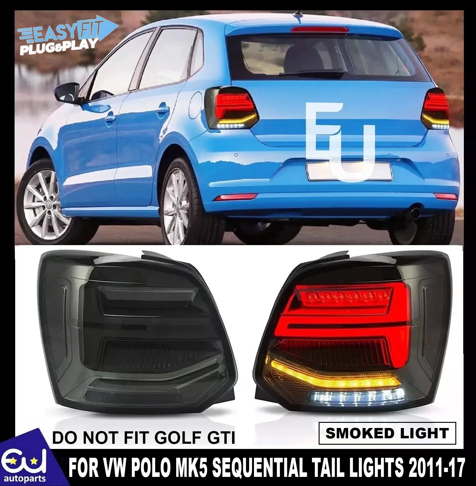 FULL SMOKED LED REAR TAIL LIGHTS BRAKE LAMP W/SEQUENTIAL FOR VW POLO 2011-2017