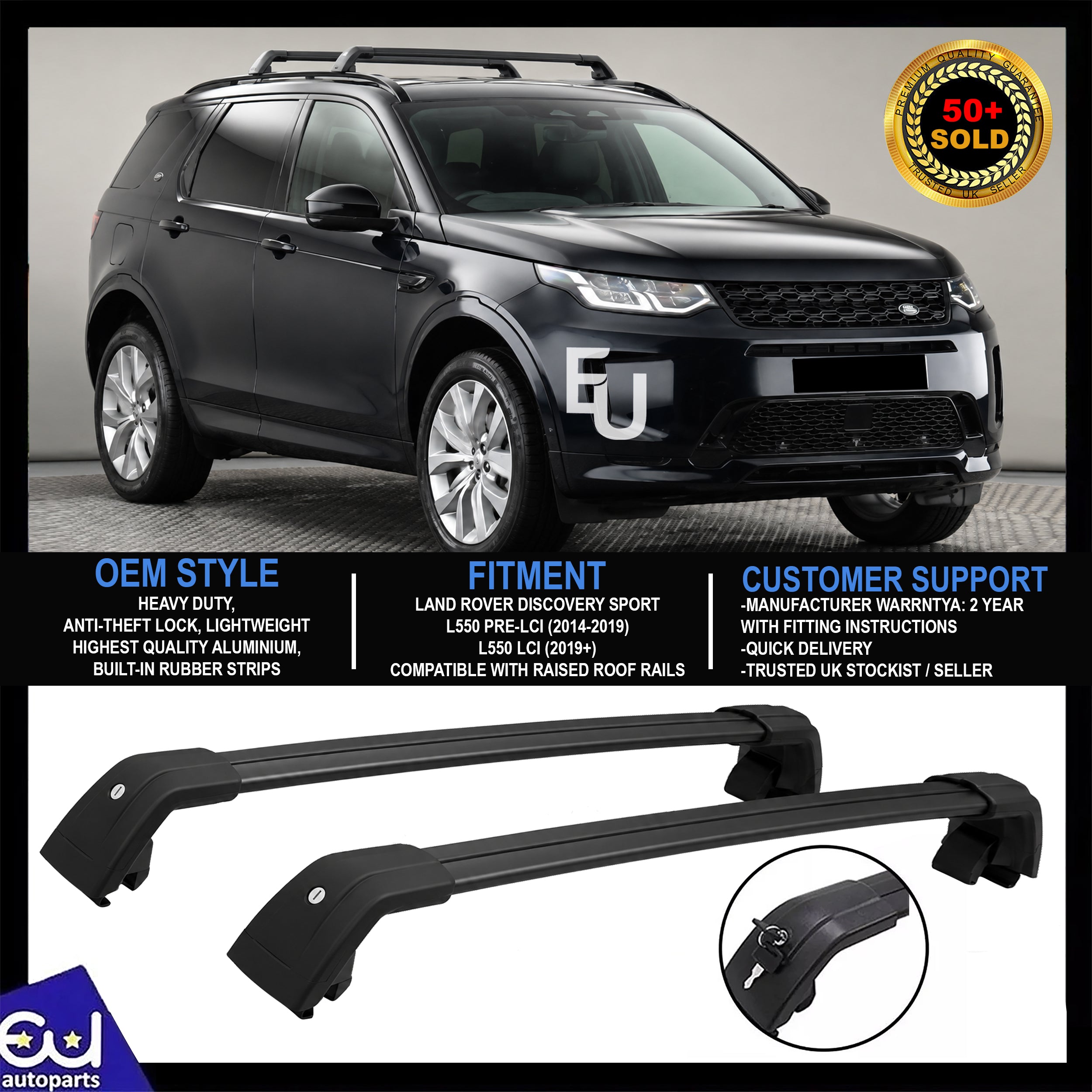 FOR LAND ROVER DISCOVERY SPORT L550 CROSS BARS BLACK ROOF RAILS ROOF RACK 2014+