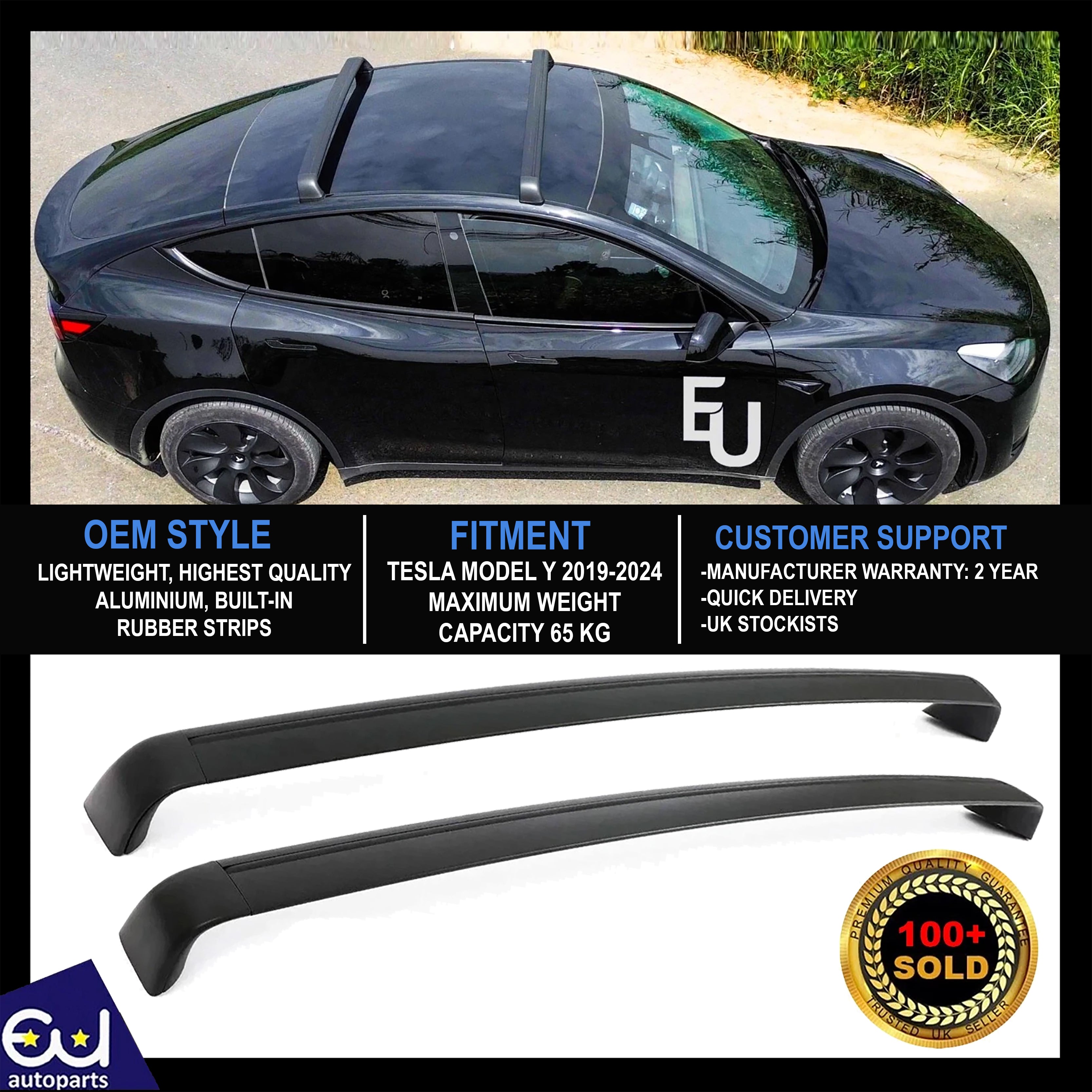 FOR TESLA MODEL Y ALUMINUM BLACK LUGGAGE ROOF CROSS RAILS BARS RACK 100% OEM FIT