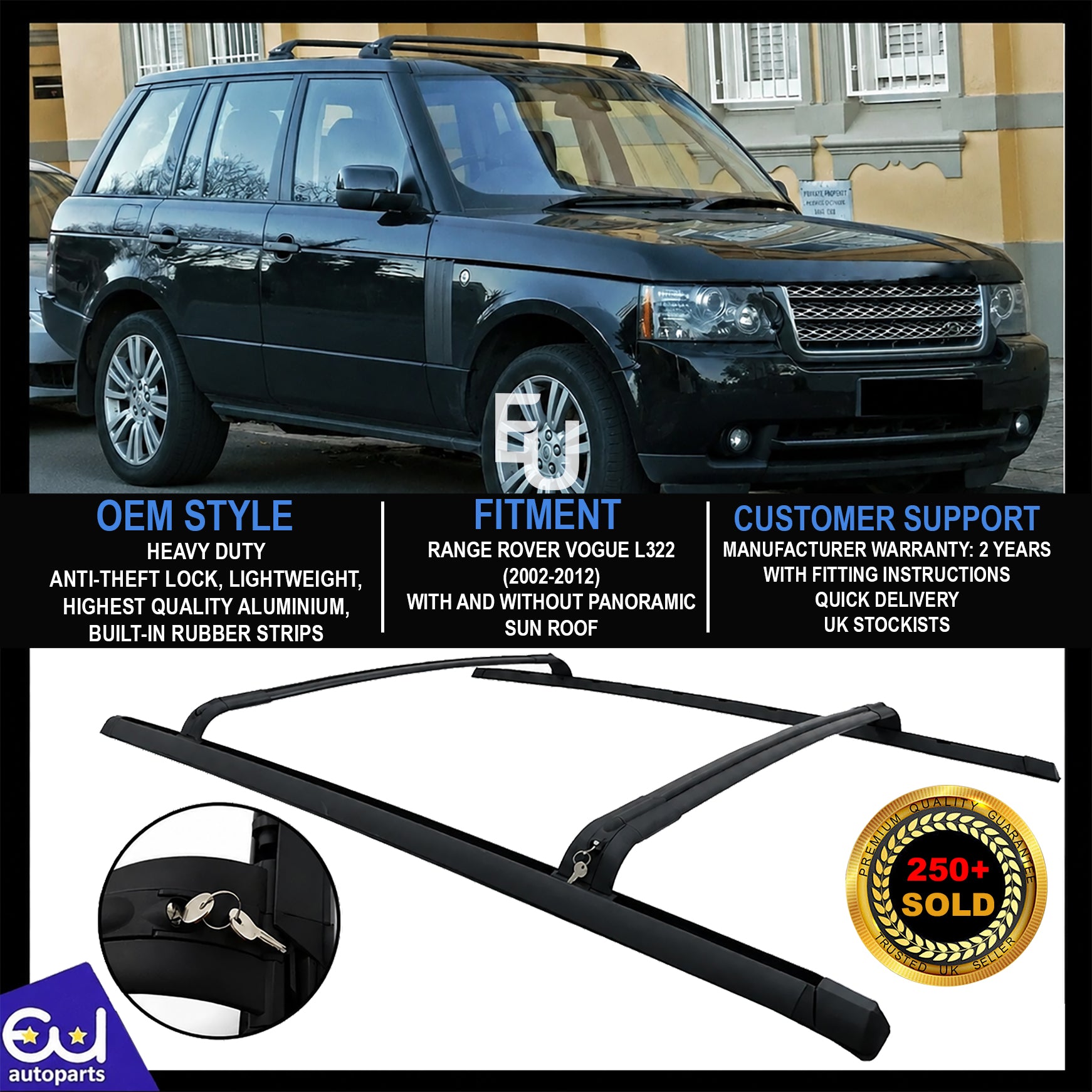 FOR RANGE ROVER VOGUE L322 02-12 BLACK ROOF RAIL RAILS RACK CROSS BARS OEM STYLE