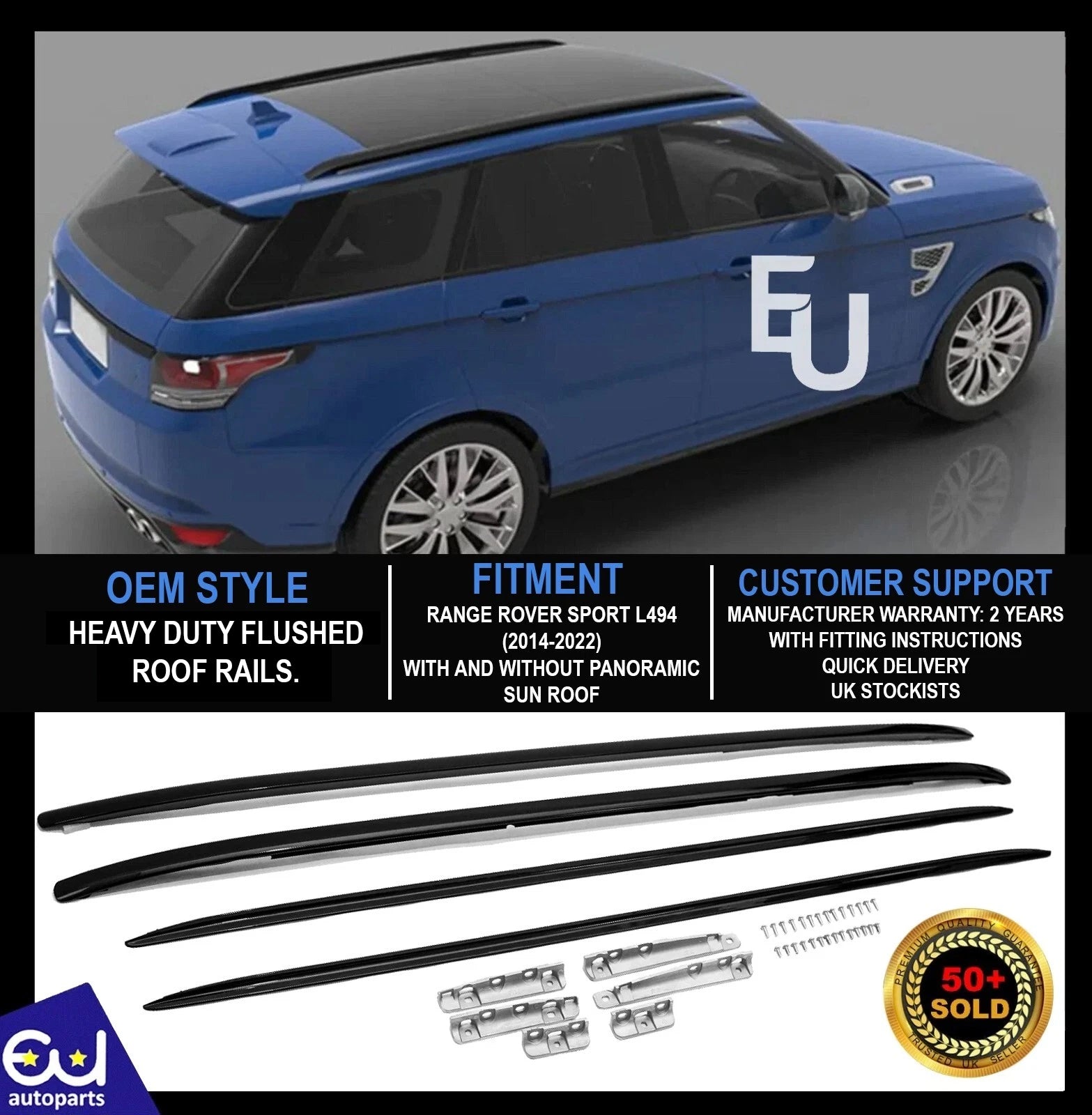 FOR RANGE ROVER SPORT BLACK ROOF RAILS L494 2014-21 GLOSS BLACK BAR RACK OEM FIT