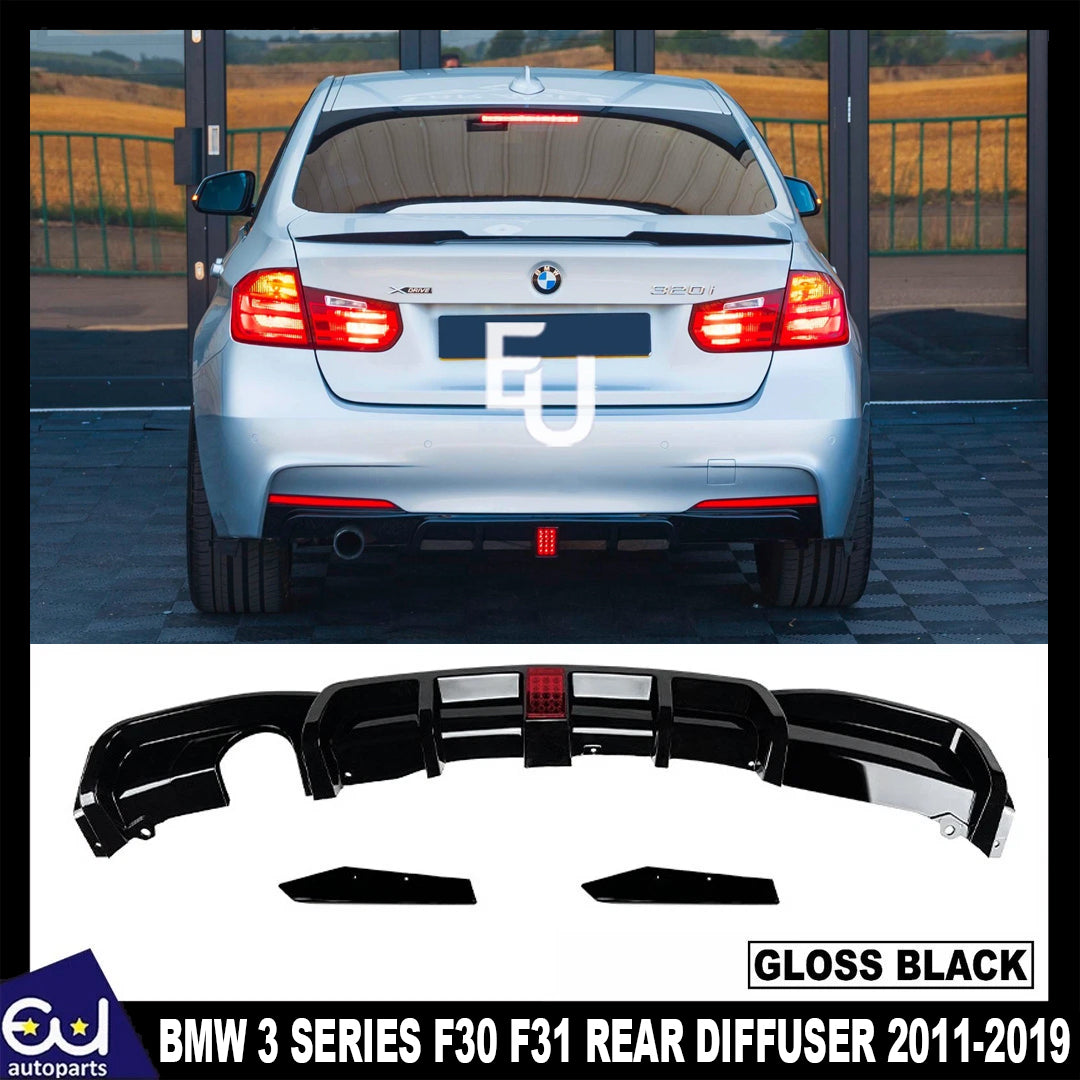 FOR BMW 3 SERIES F30 F31 REAR VALANCE DIFFUSER LIP W/LED GLOSS BLACK 11-19