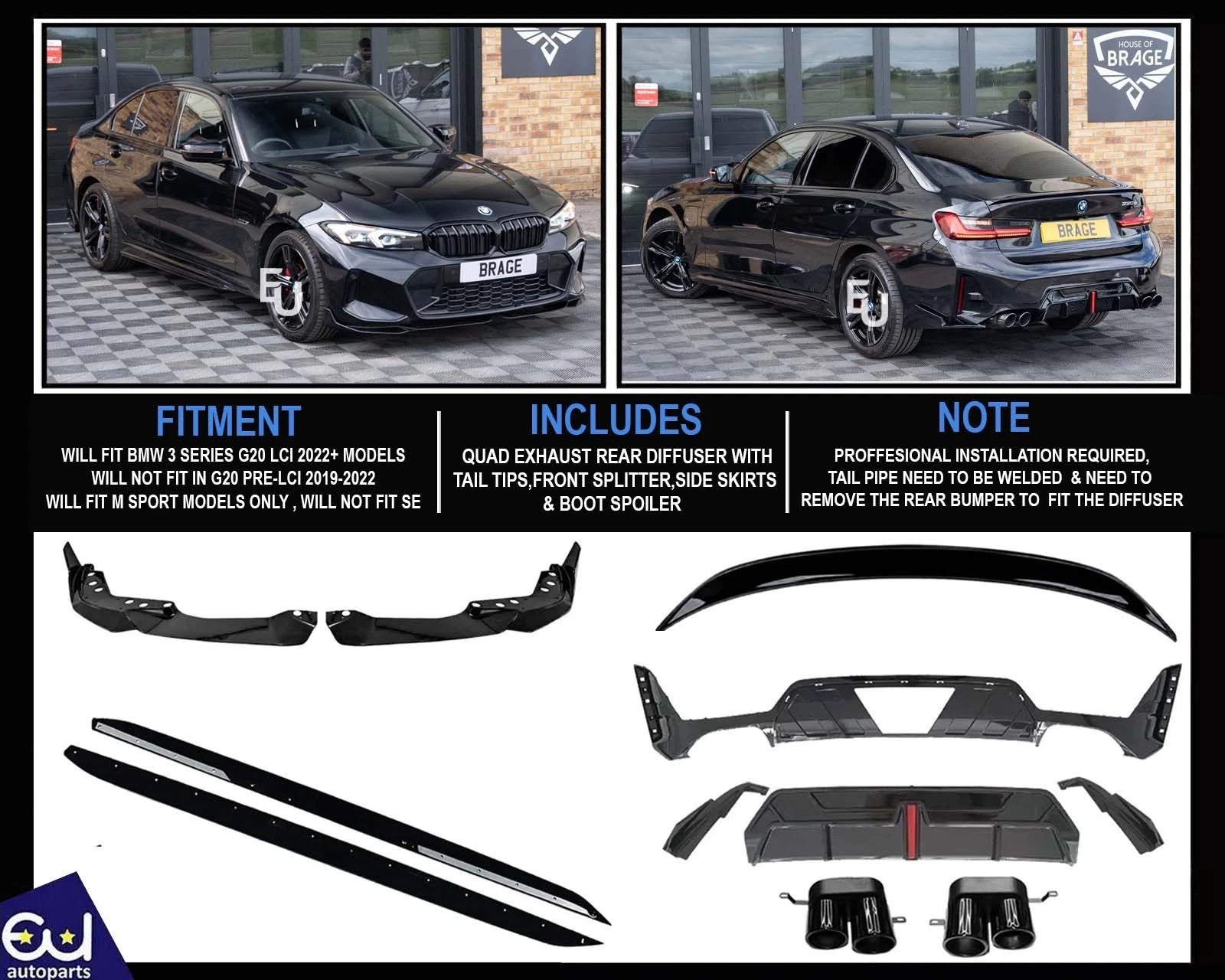 FOR BMW 3 SERIES G20 LCI 2022+ BODYKIT FRONT SPLITTER QUAD REAR DIFFUSER W/LED