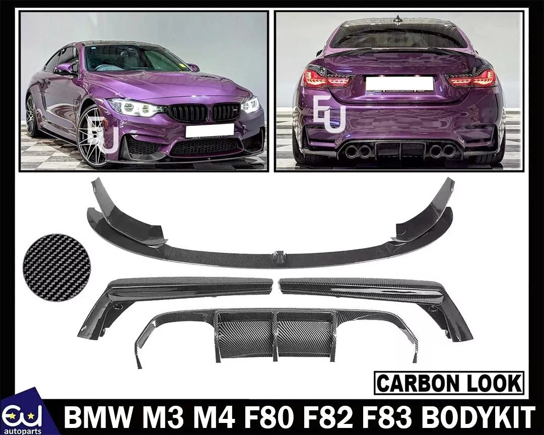 FOR BMW M3 M4 F80 F82 F83 FRONT SPLITTER LIP & REAR DIFFUSER BODYKIT CARBON LOOK