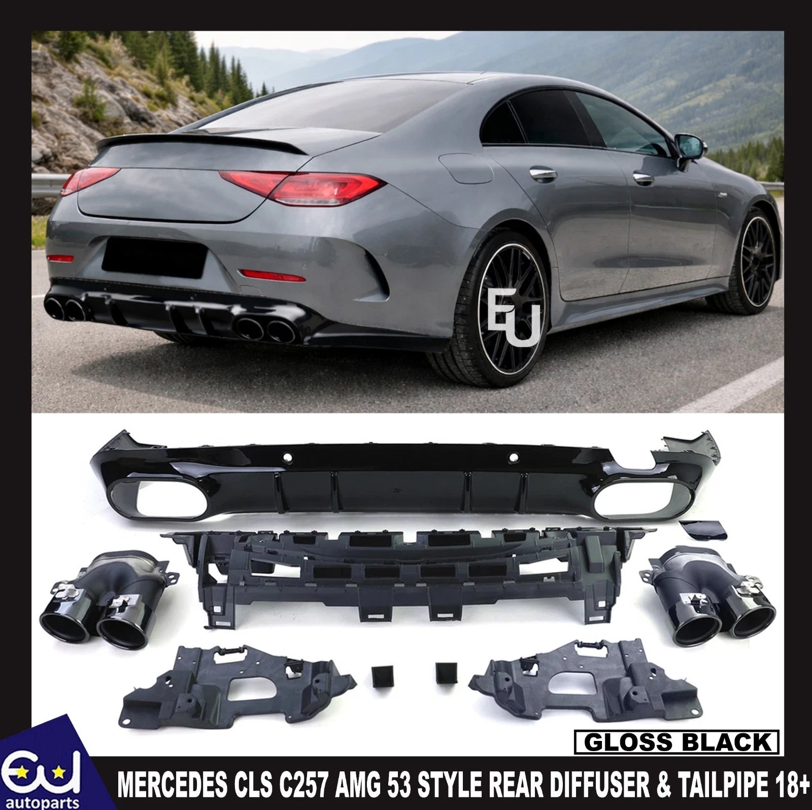 FOR MERCEDES CLS C257 AMG 53 STYLE REAR DIFFUSER GLOSS BLACK TAILPIPES 2018+
