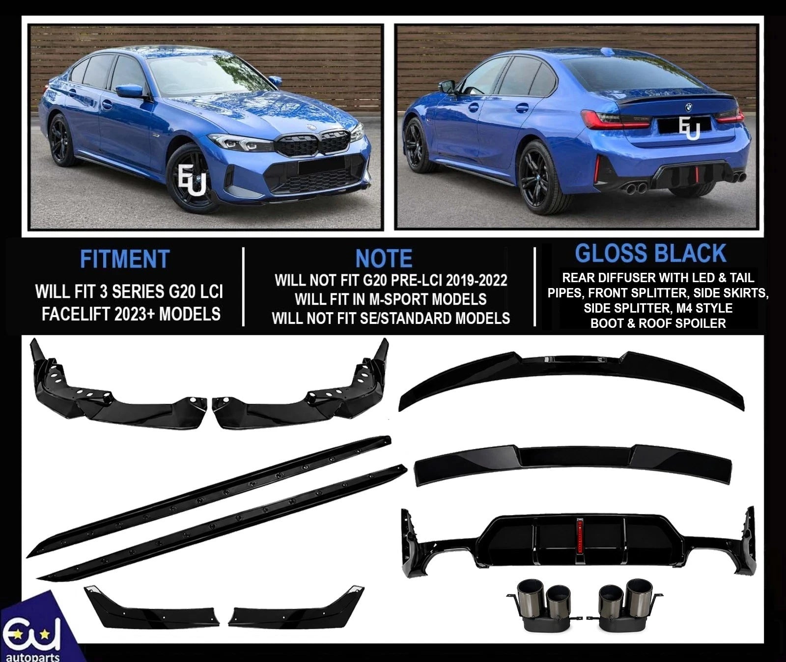 FOR BMW 3 SERIES G20 LCI BODYKIT BODY KIT FRONT SPLITTER REAR DIFFUSER PIPE 22+