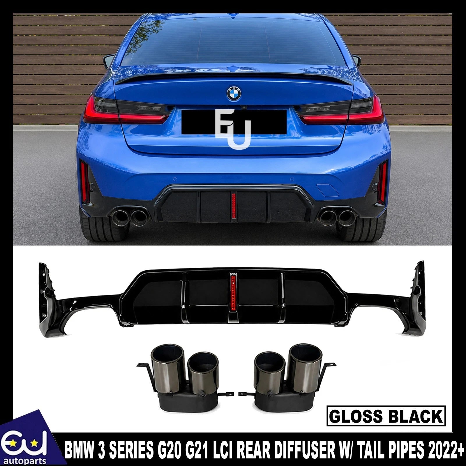 FOR BMW 3 SERIES G20 G21 LCI M SPORT REAR BUMPER DIFFUSER WITH LED & TAILPIPE