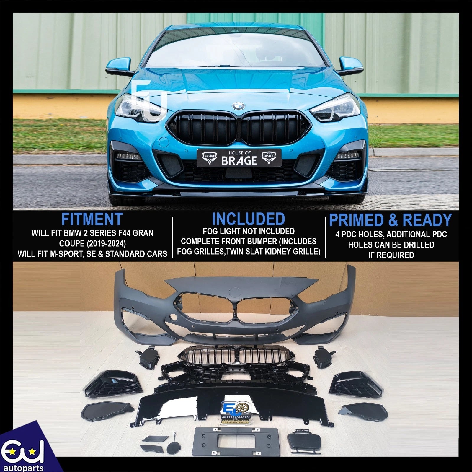 FOR BMW 2 SERIES F44 GRAN COUPE M SPORT 2019-2024 COMPLETE FRONT BUMPER GRILLES