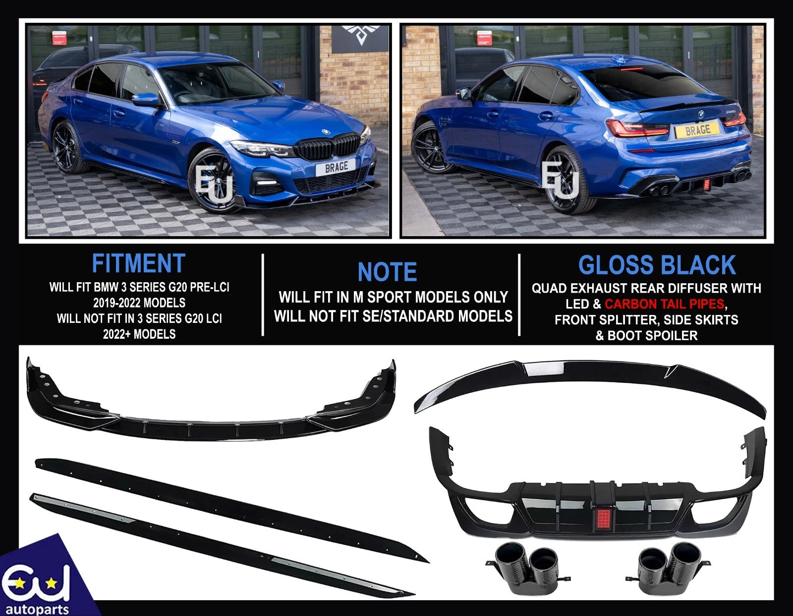 FOR BMW 3 SERIES G20 BODY KIT BODYKIT FRONT SPLITTER LIP REAR DIFFUSER SKIRT