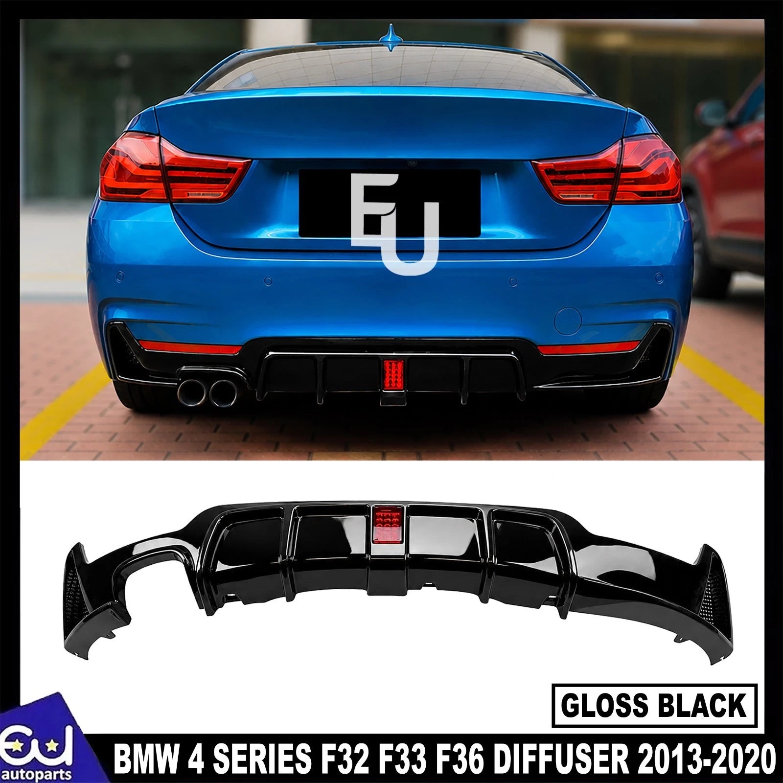 REAR DIFFUSER W/LED FOR BMW 4 SERIES F32 F33 F36 M SPORT GLOSS BLACK 2013-2020