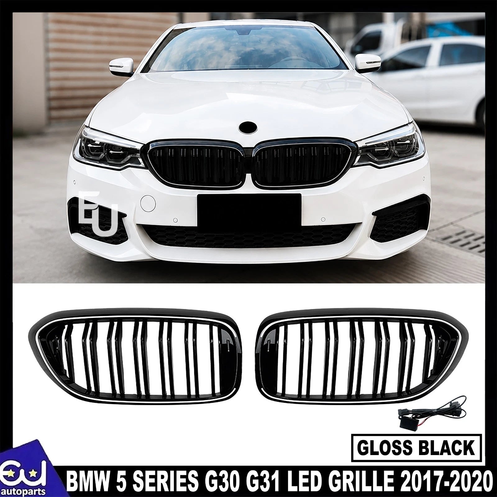 GRILLE FOR BMW 5 SERIES G30 G31 KIDNEY DOUBLE SLAT LED GRILL GLOSS BLACK 2017-20