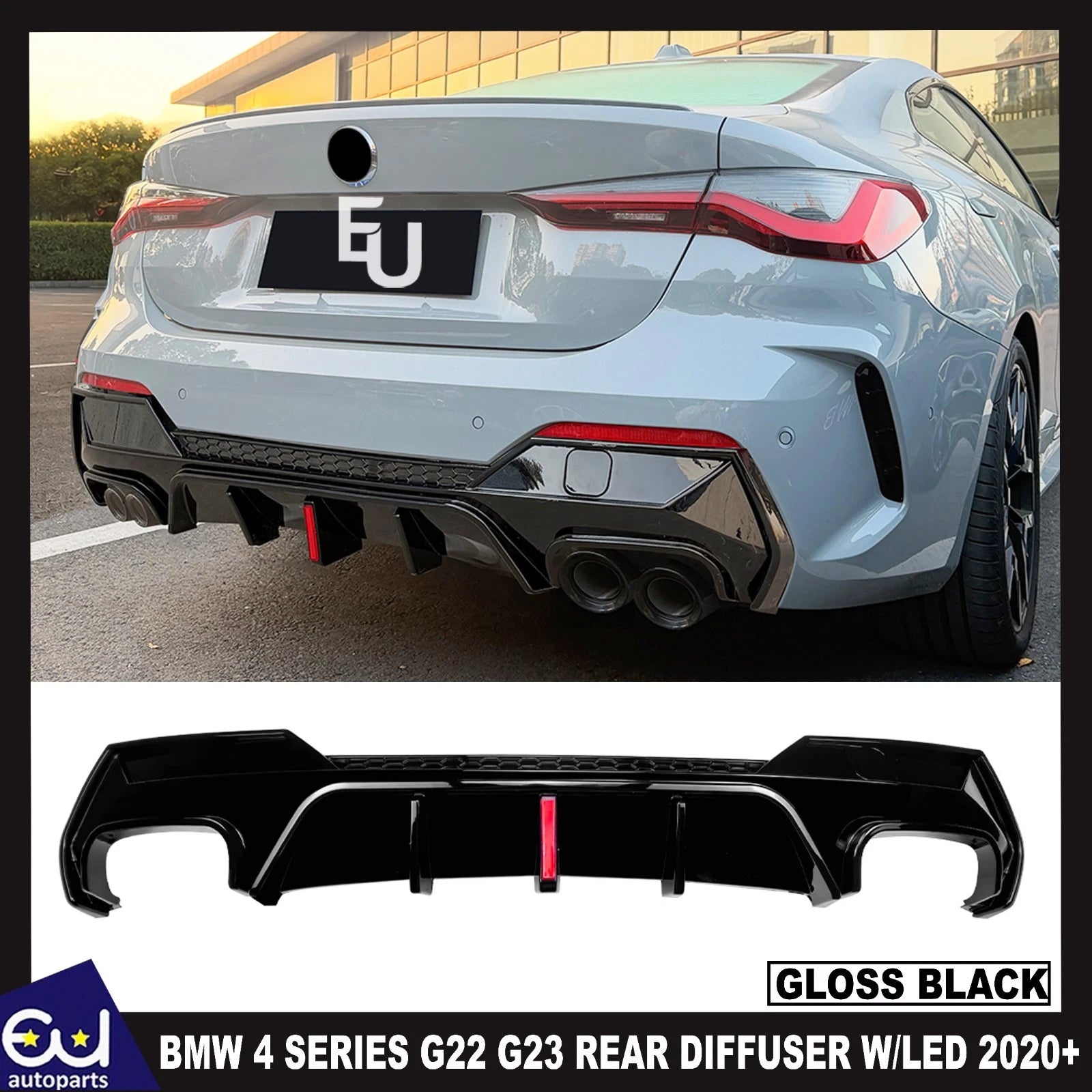 FOR BMW 4 SERIES G22 G23 REAR DIFFUSER WITH LED LIP EXHAUST GLOSS BLACK 2020+