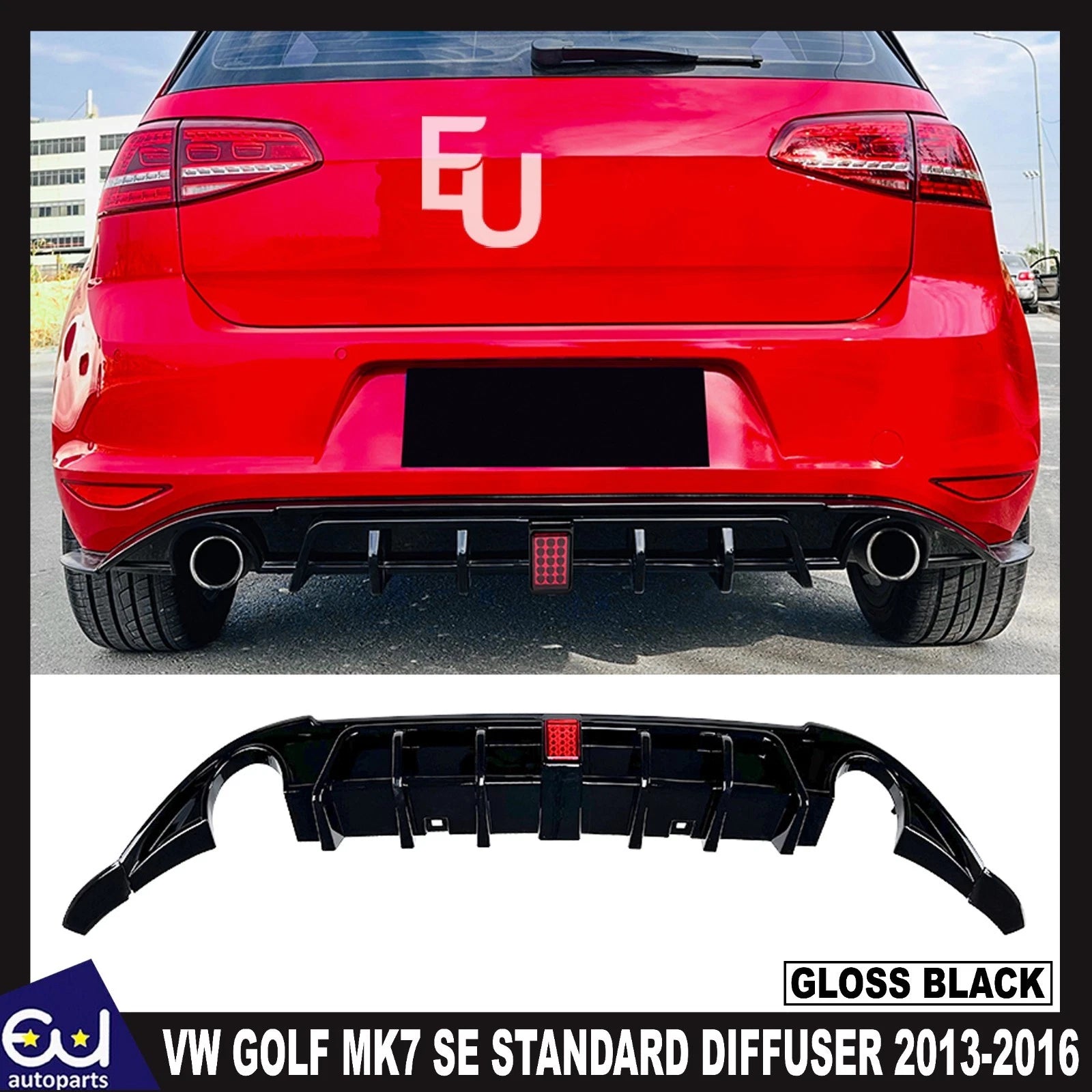 FOR VW GOLF MK7 SE STANDARD TDI TSI GLOSS BLACK LED REAR DIFFUSER LIP 2013-2016