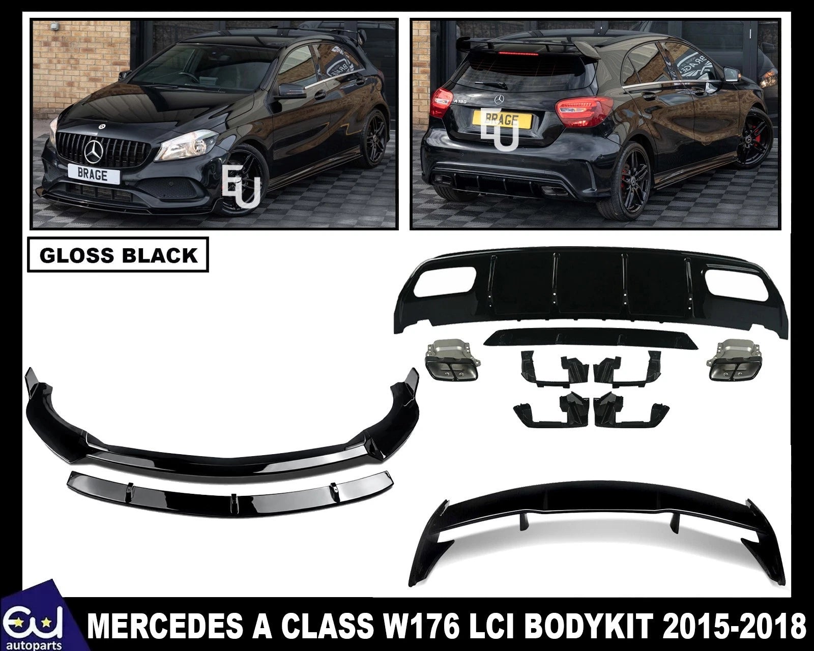 FOR MERCEDES A CLASS W176 A45 LOOK BODY KIT FRONT SPLITTER REAR DIFFUSER SPOILER