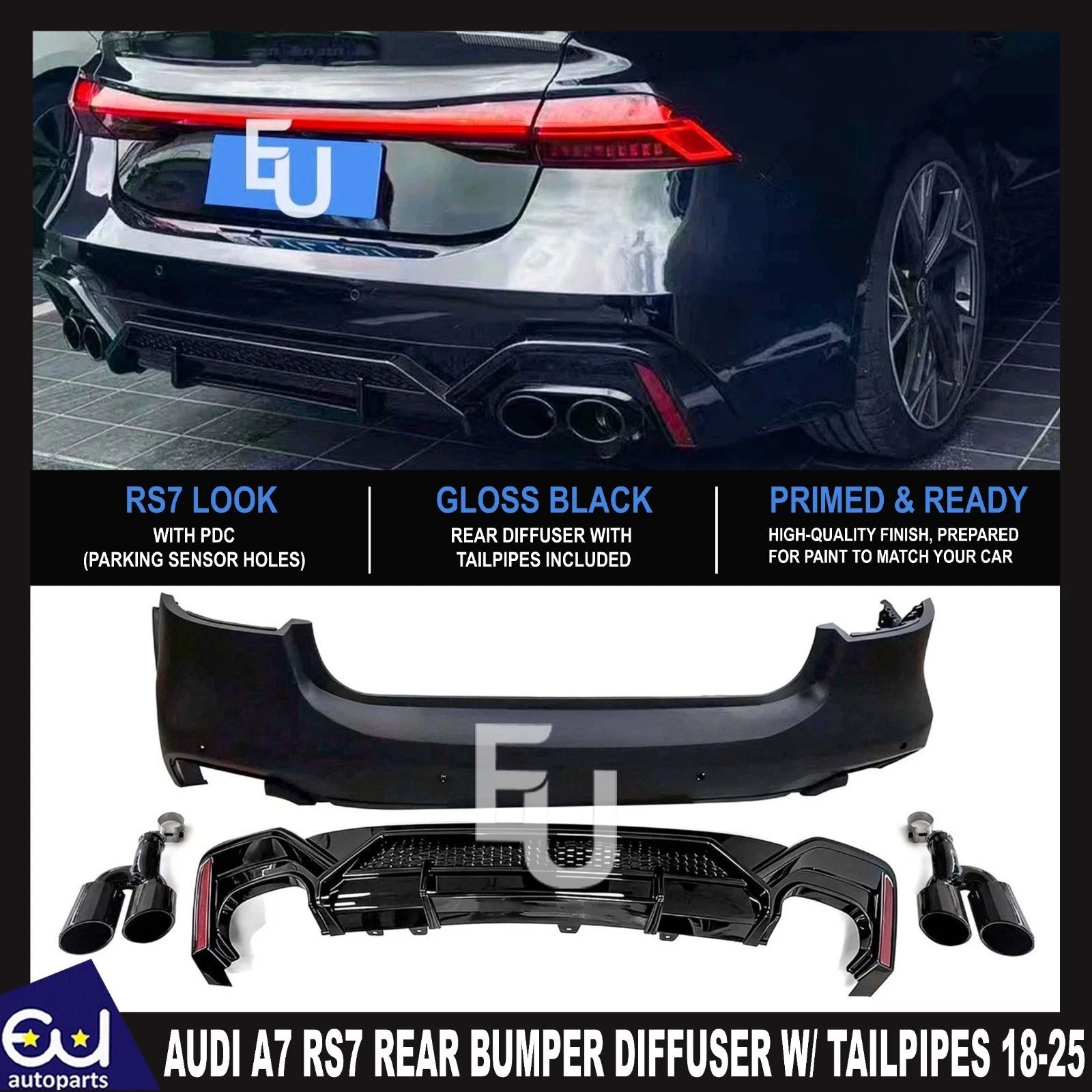 RS7 ABT STYLE REAR BUMPER DIFFUSER TAILPIPES BODYKIT FOR AUDI A7 S7 C8 MK2 2018+