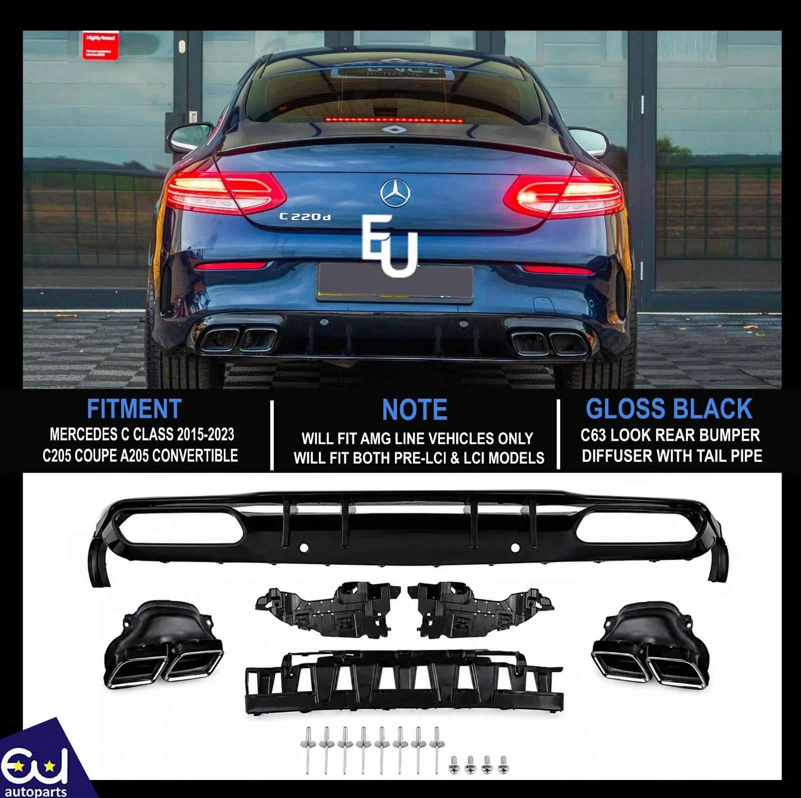 REAR DIFFUSER & TAIL PIPE FOR MERCEDES C CLASS A205 C205 COUPE AMG C63 S STYLE