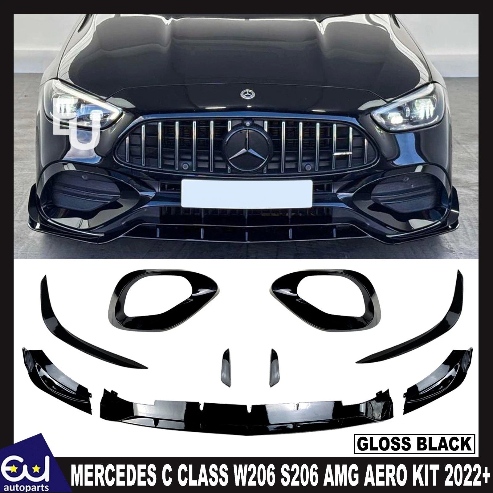 AERO KIT FOR MERCEDES C CLASS W206 S206 AMG FRONT SPLITTER LIP GLOSS BLACK 2022+