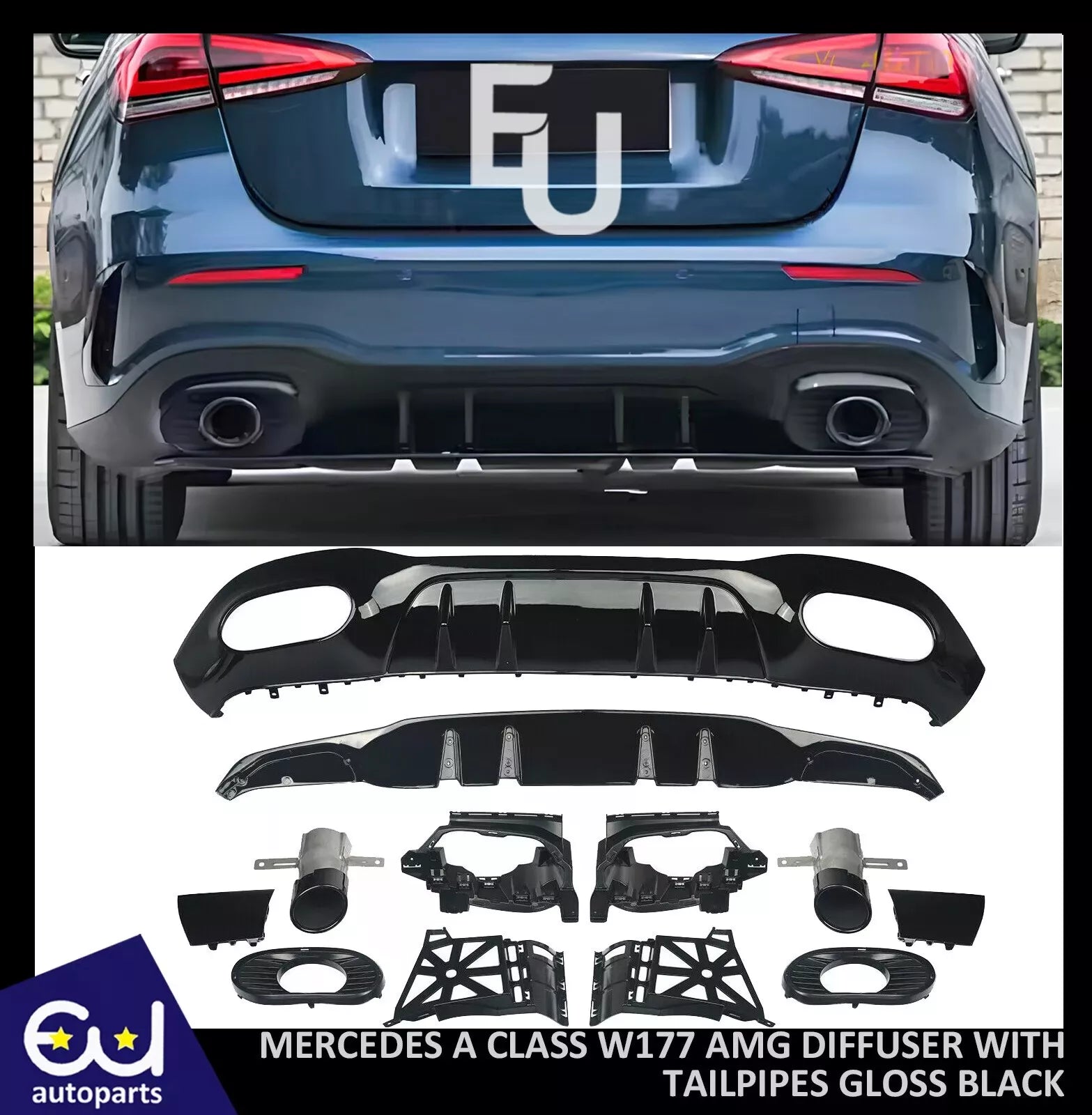 FOR MERCEDES A CLASS W177 AMG A35 A35S LOOK REAR DIFFUSER+TAILPIPES GLOSS BLACK