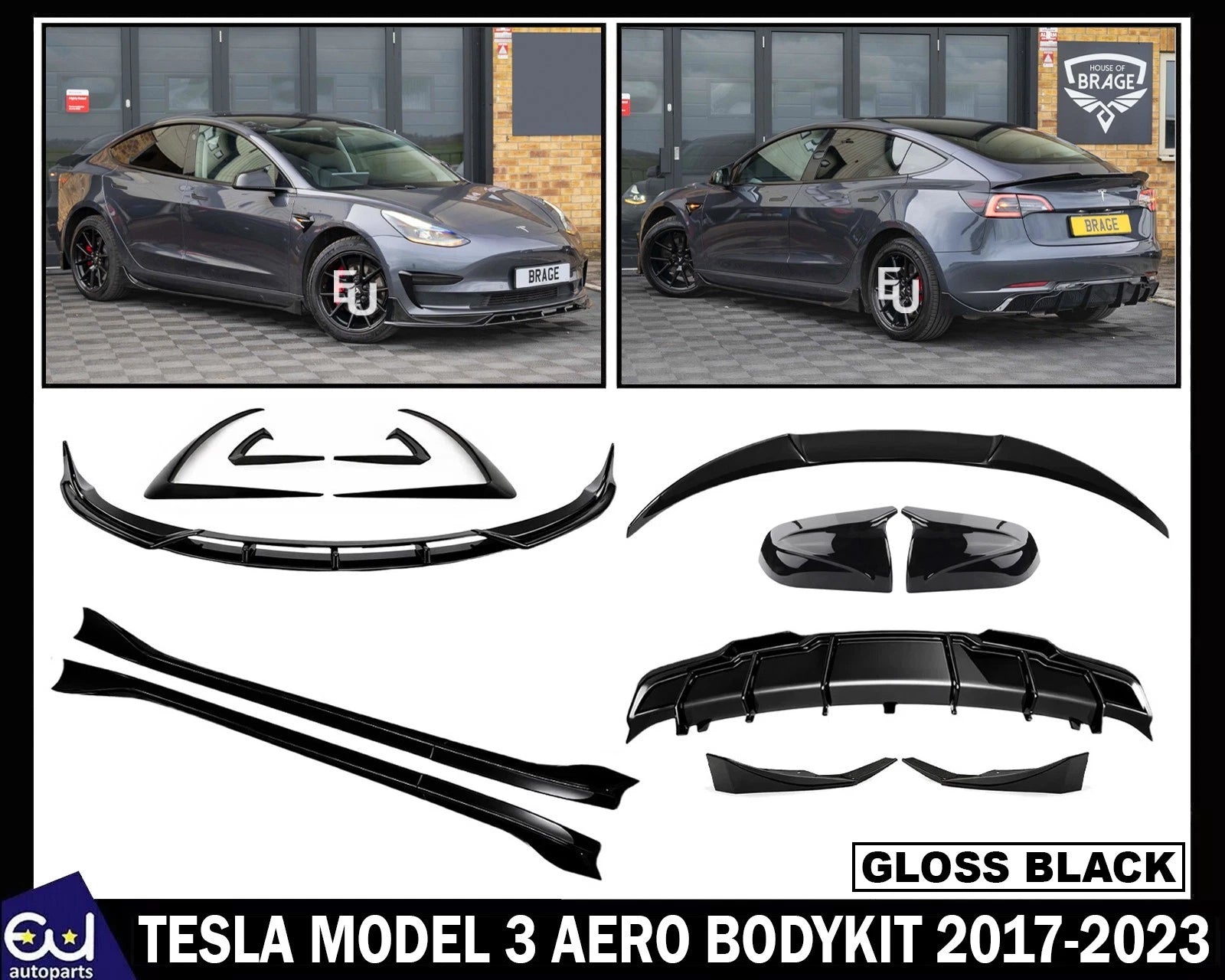 FOR TESLA MODEL 3 AERO BODY KIT BODYKIT FRONT SPLITTER REAR DIFFUSER SKIRT 17-23