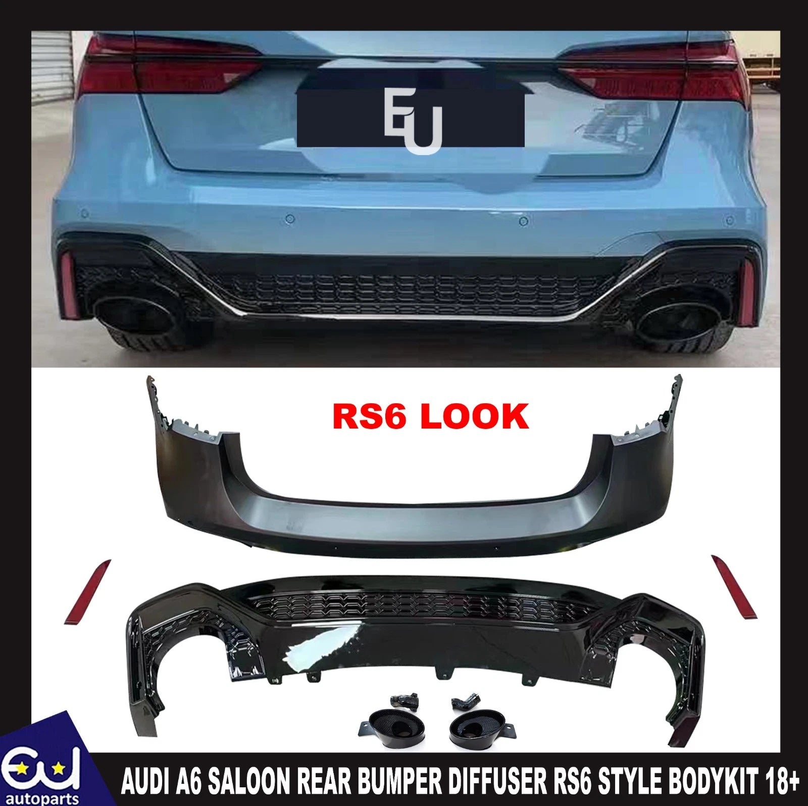 REAR BUMPER BODY KIT BLACK TAILPIPES RS6 STYLE GLOSS BLACK FOR AUDI A6 C8 SALOON