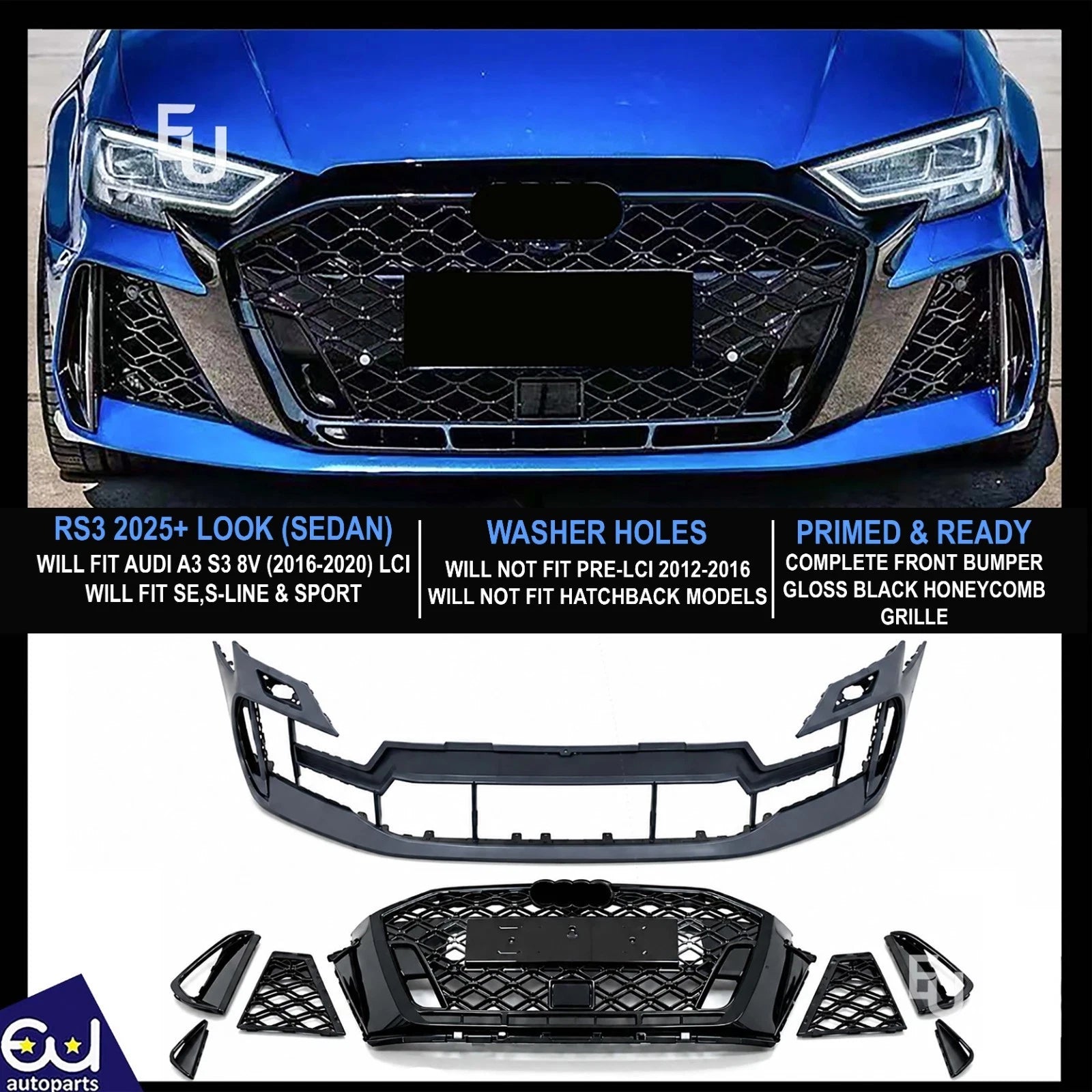 LCI 2025+ RS3 CONVERSION FRONT BUMPER BODYKIT FOR AUDI A3 S3 8V 2016-2020 SEDAN