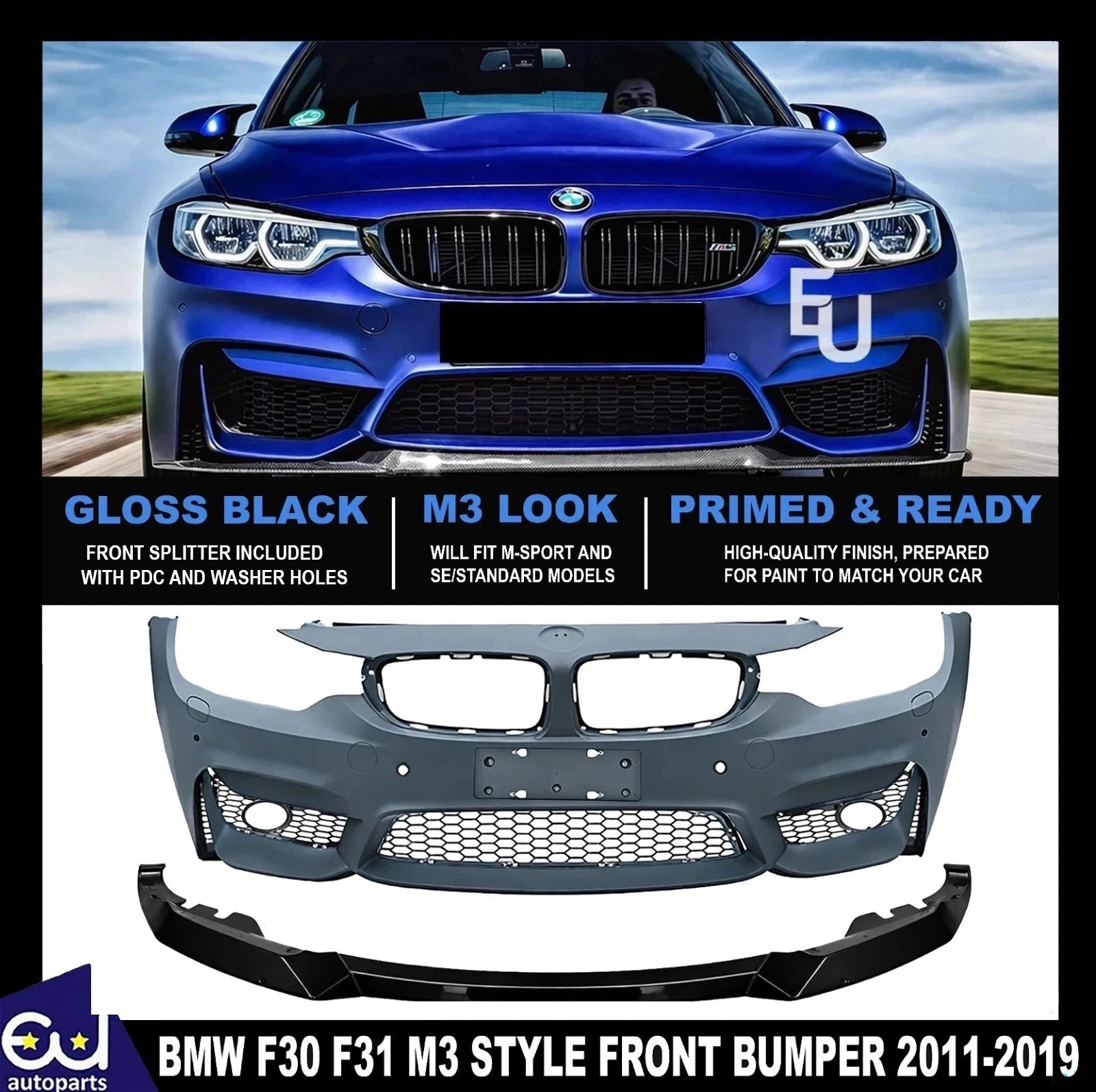 FOR BMW F30 F31 M3 CONVERSION FRONT BUMPER SPLITTER BODYKIT PRIMED PDC 2011-19