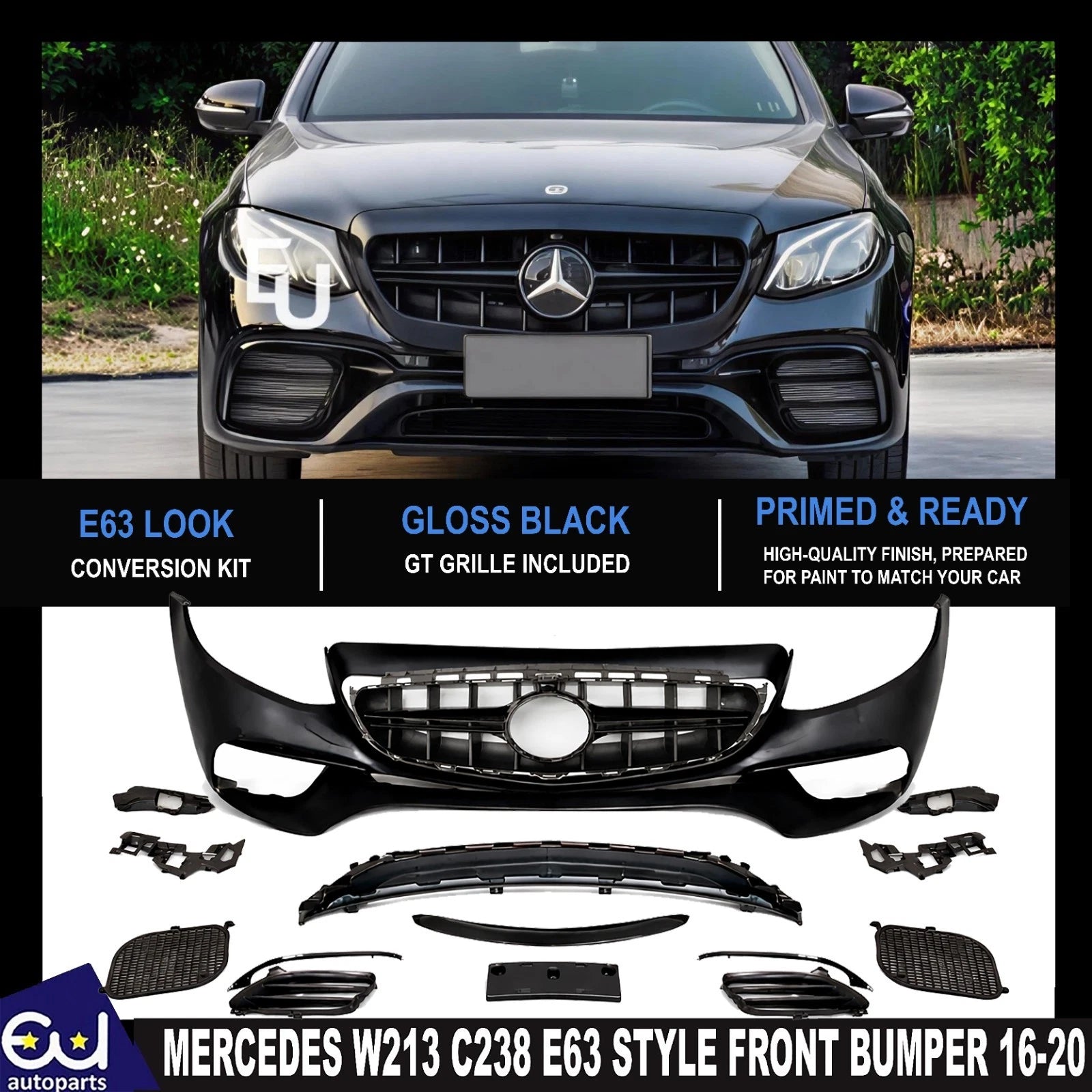 FOR MERCEDES W213 C238 E63 STYLE FULL FRONT BUMPER GRILLE BODYKIT PRIMED 2016-20