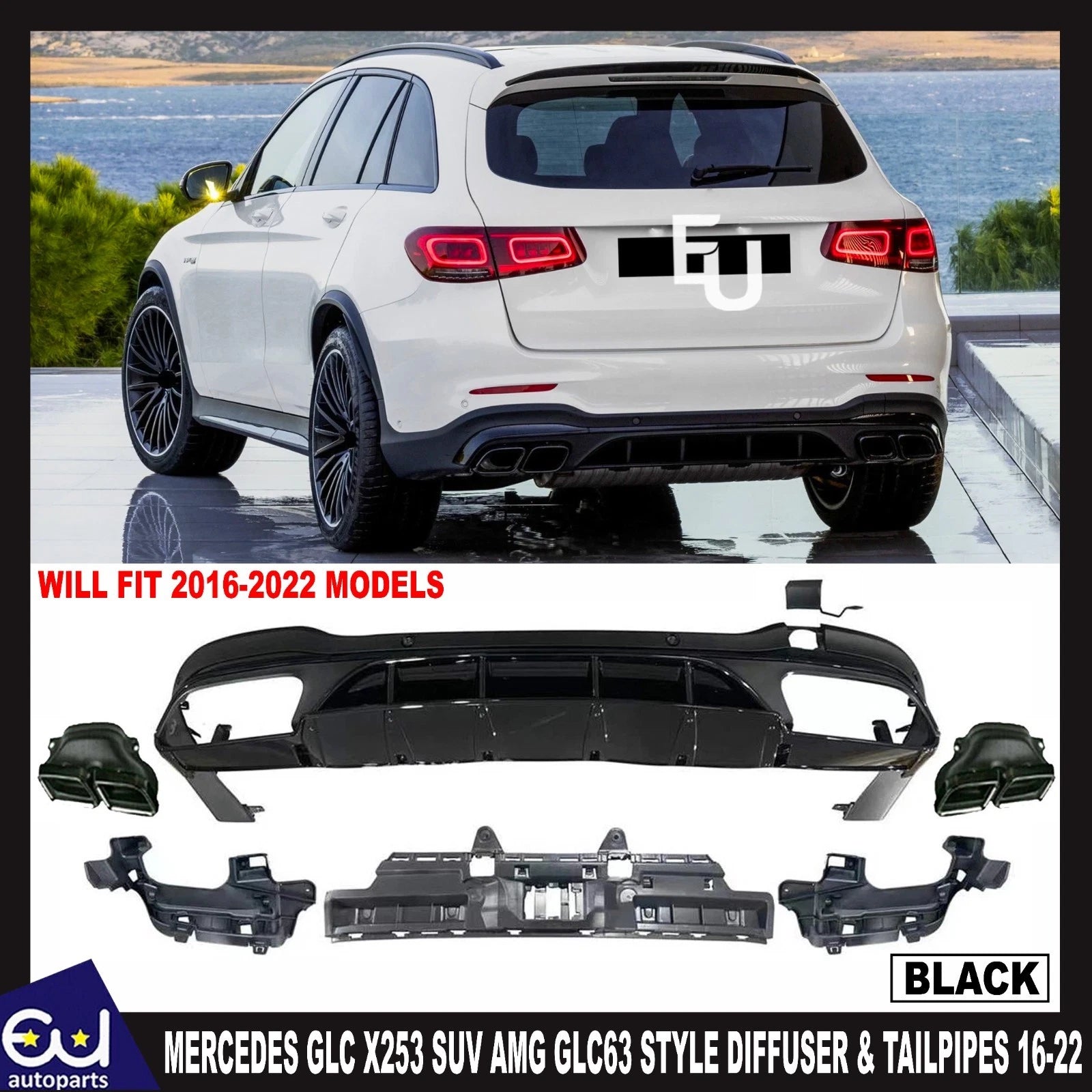FOR MERCEDES GLC X253 SUV AMG GLC63 STYLE REAR DIFFUSER & TAILPIPES 2016-22