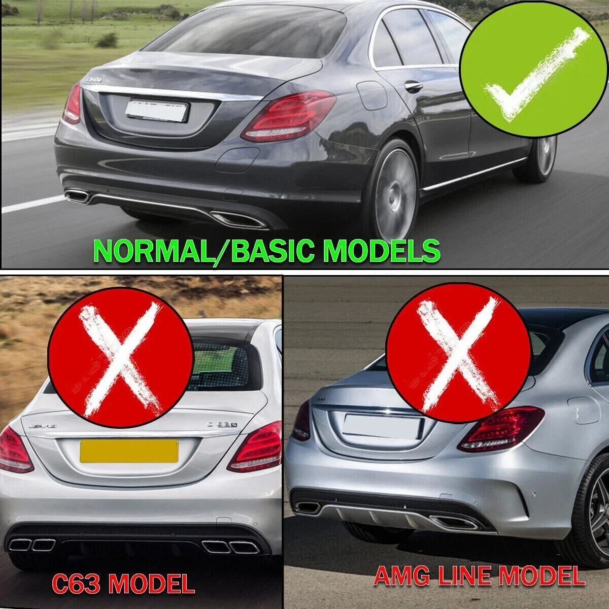 REAR DIFFUSER TAIL PIPE NON AMG FOR MERCEDES C-CLASS W205 C63 LOOK GLOSS BLACK