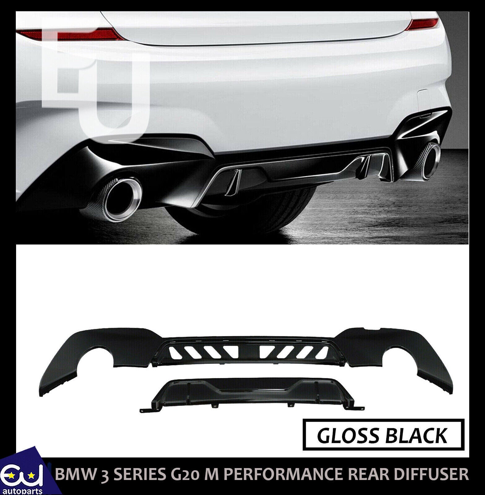 FOR BMW 3 SERIES G20 G21 M PERFORMANCE SPORT GLOSS BLACK REAR DIFFUSER