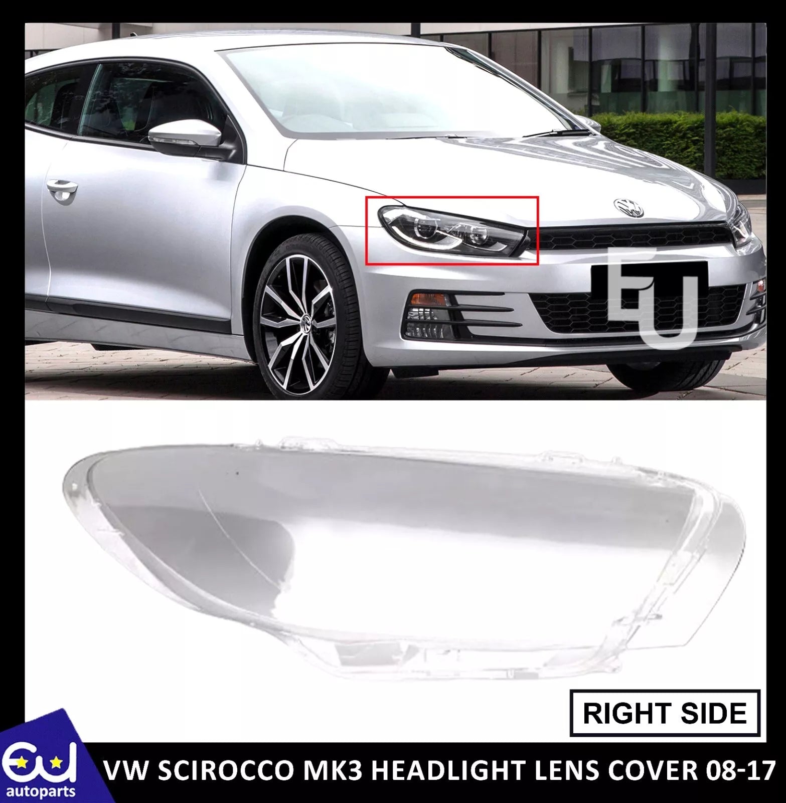 RIGHT DRIVER SIDE HEADLIGHT HEADLAMP LENS COVER FOR VW SCIROCCO MK3 2008-2017