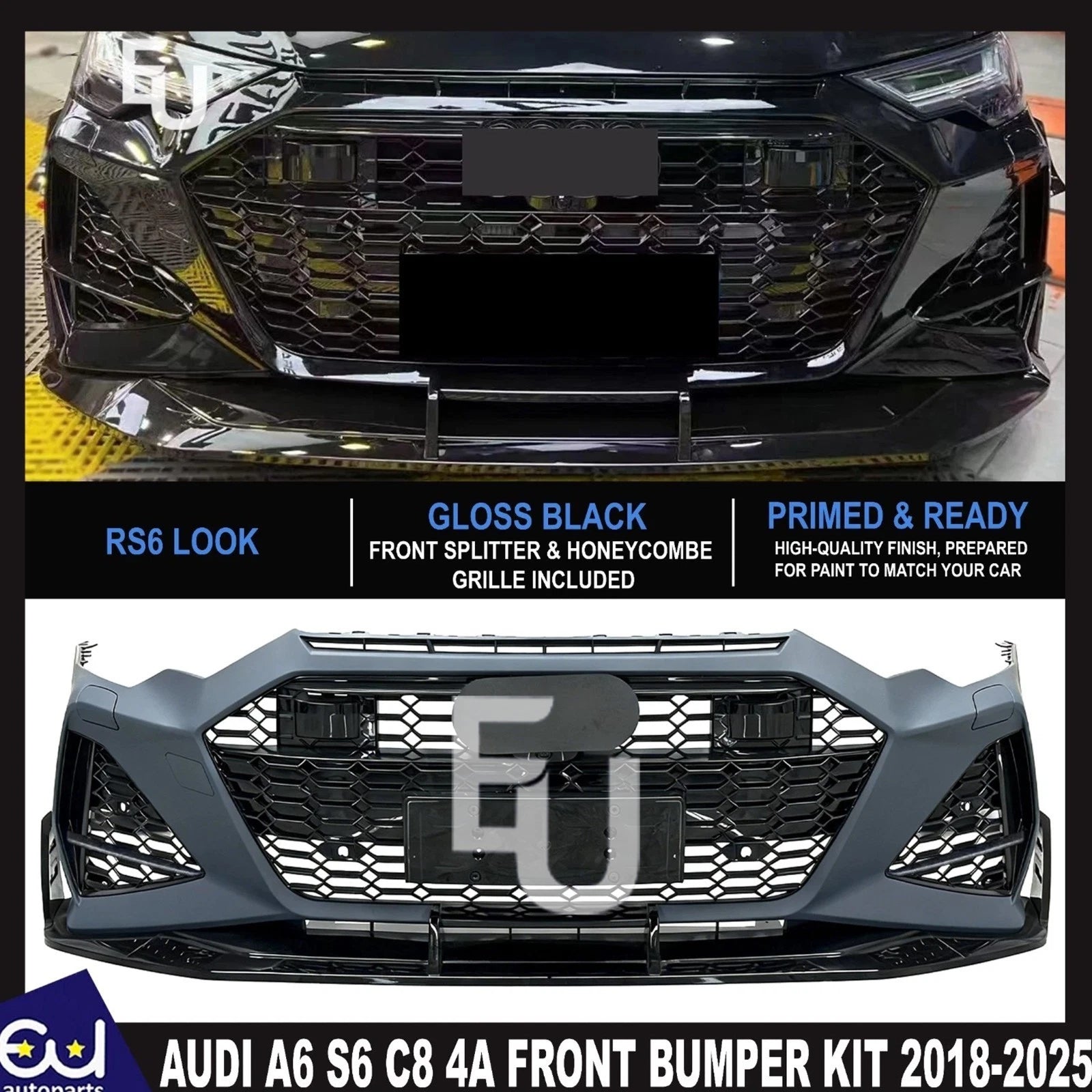 FOR AUDI A6 S6 C8 4A 2018-25 RS6 CONVERSION FRONT BUMPER SPLITTER BODYKIT GRILLE