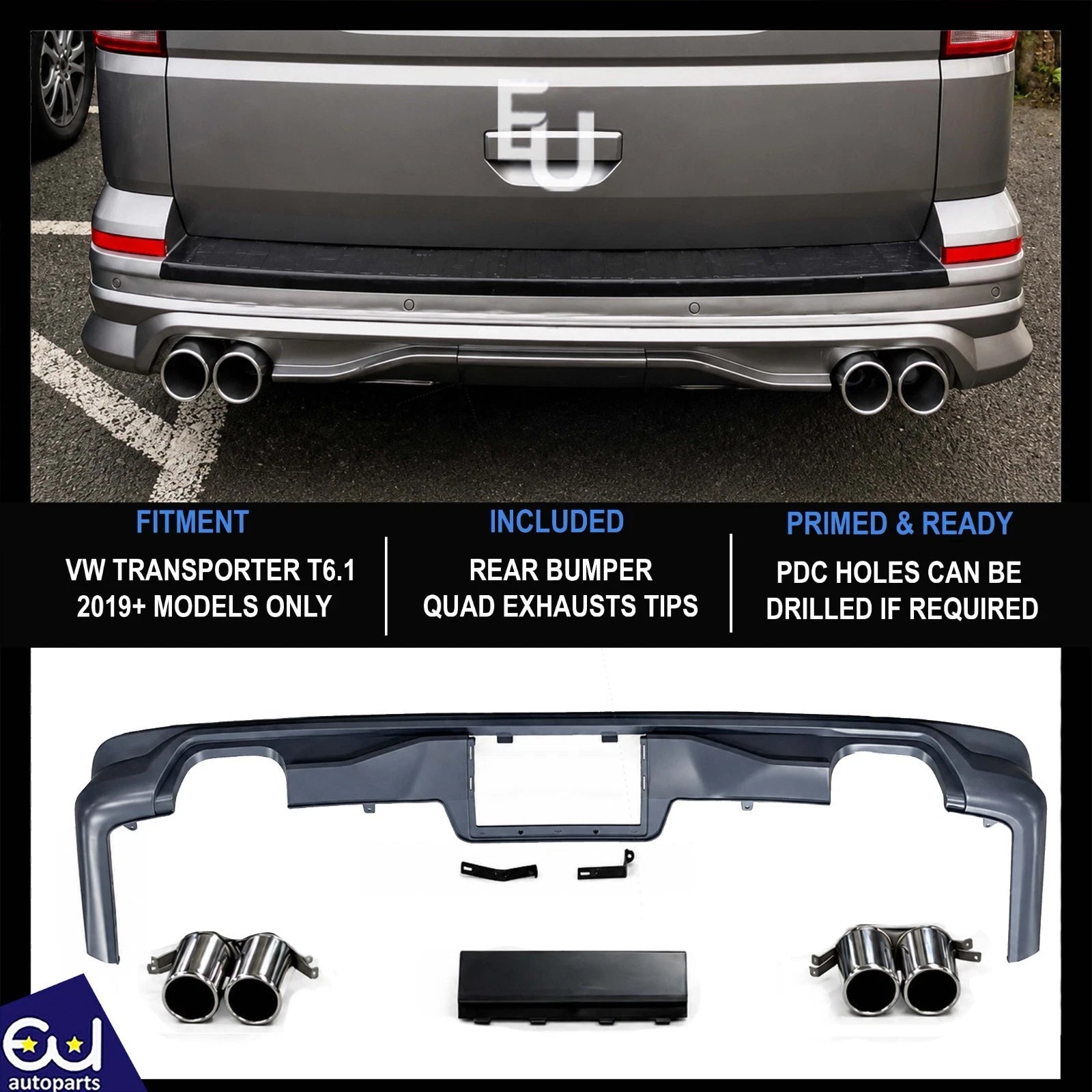 PRIMED REAR BUMPER WITH QUAD EXHAUST TIPS FOR VW TRANSPORTER T6.1 2019-2024