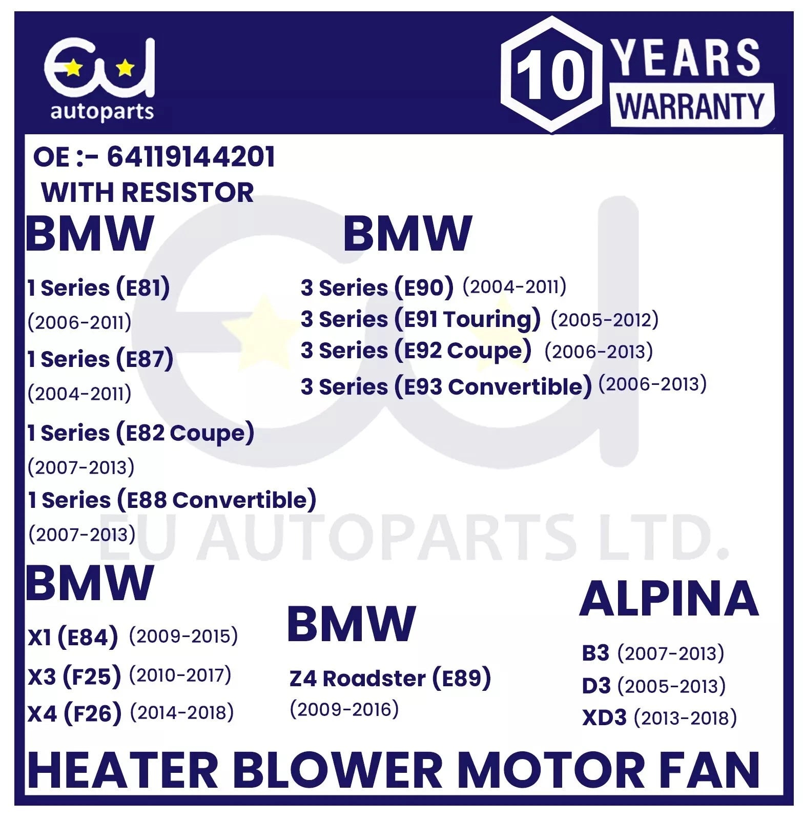 HEATER BLOWER MOTOR FAN FOR BMW 3 & 1 SERIES Z1 Z4 E90 E91 E92 E93 64119144201