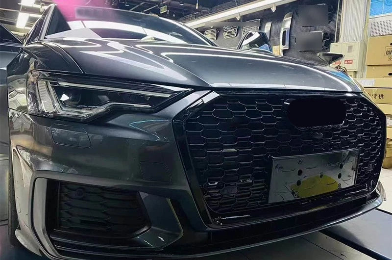 RS6 LOOK FRONT HONEYCOMB GRILLE GRILL FOR AUDI A6 AVANT S6 C8 GLOSS BLACK 18-25