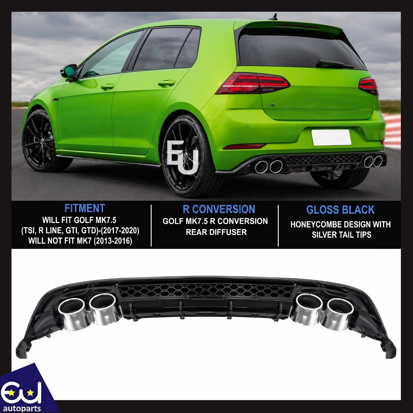 R CONVERSION REAR BUMPER DIFFUSER BODYKIT FOR GOLF MK7.5 2017-2020