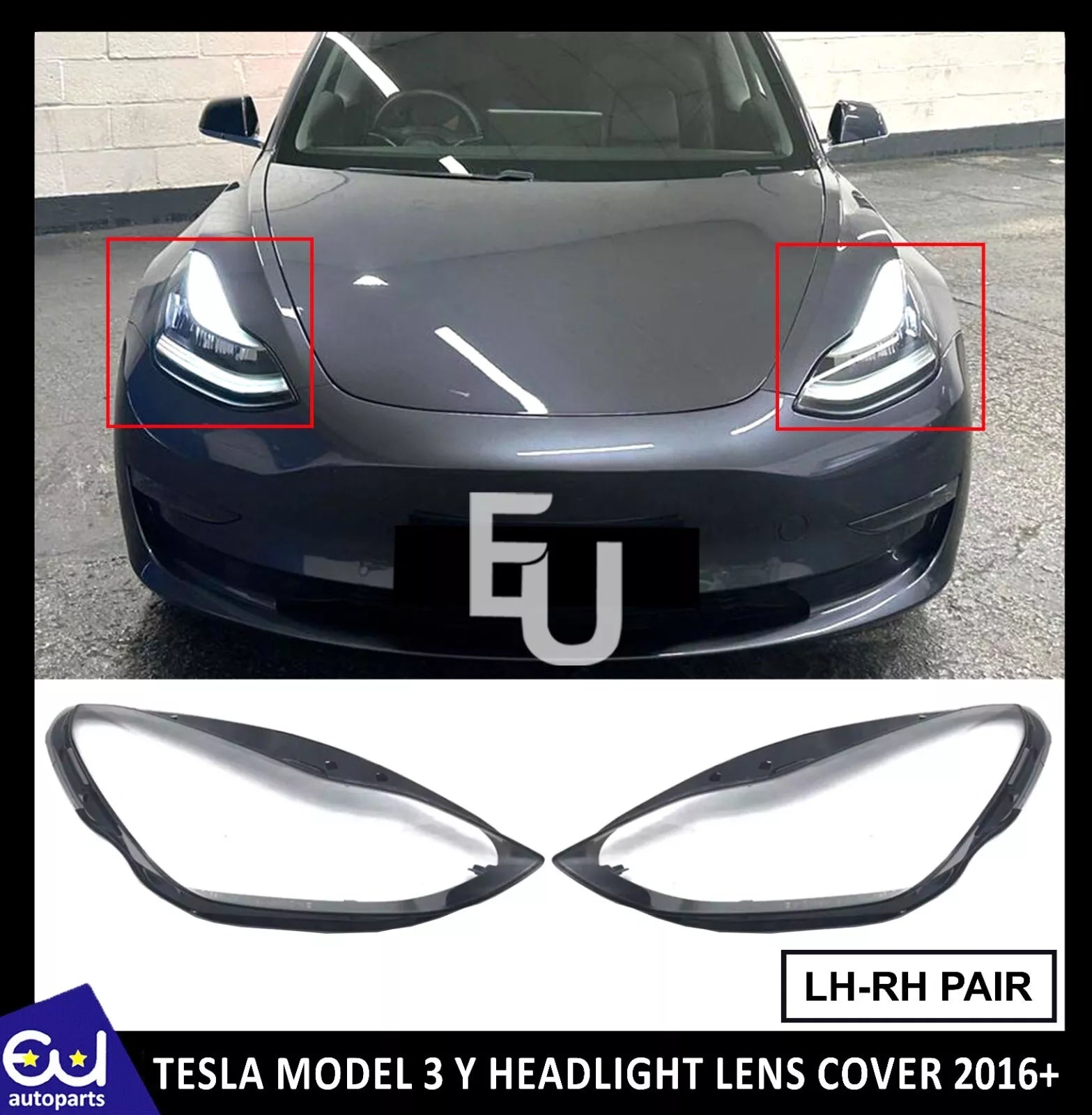 FOR TESLA MODEL 3 Y HEADLIGHT LENS HEADLAMP COVER LEFT RIGHT SIDE PAIR 2016+ ON