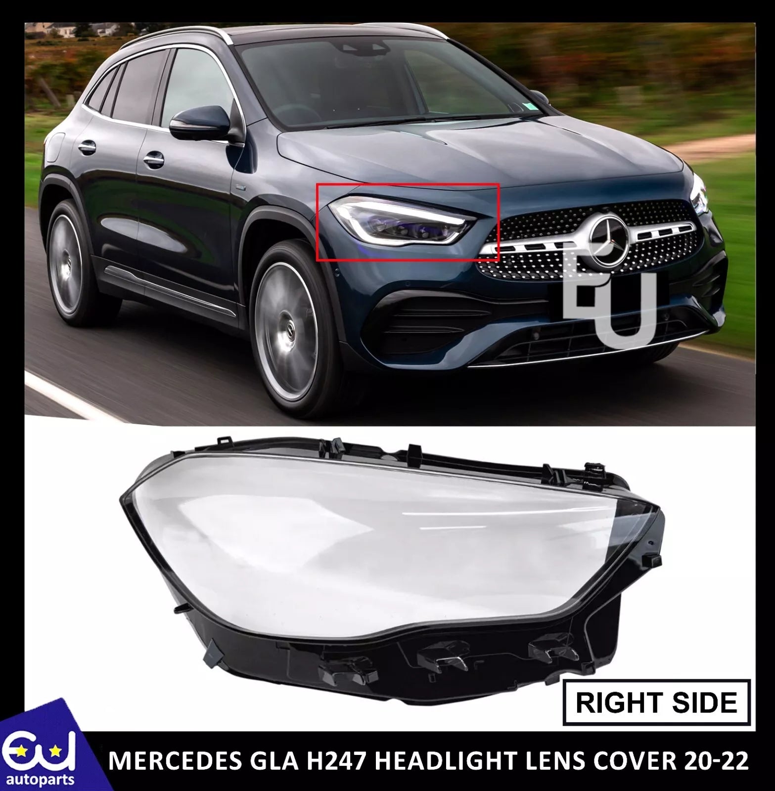 RIGHT DRIVER SIDE HEADLIGHT  HEADLAMP LENS COVER FOR MERCEDES GLA H247 2020-2022