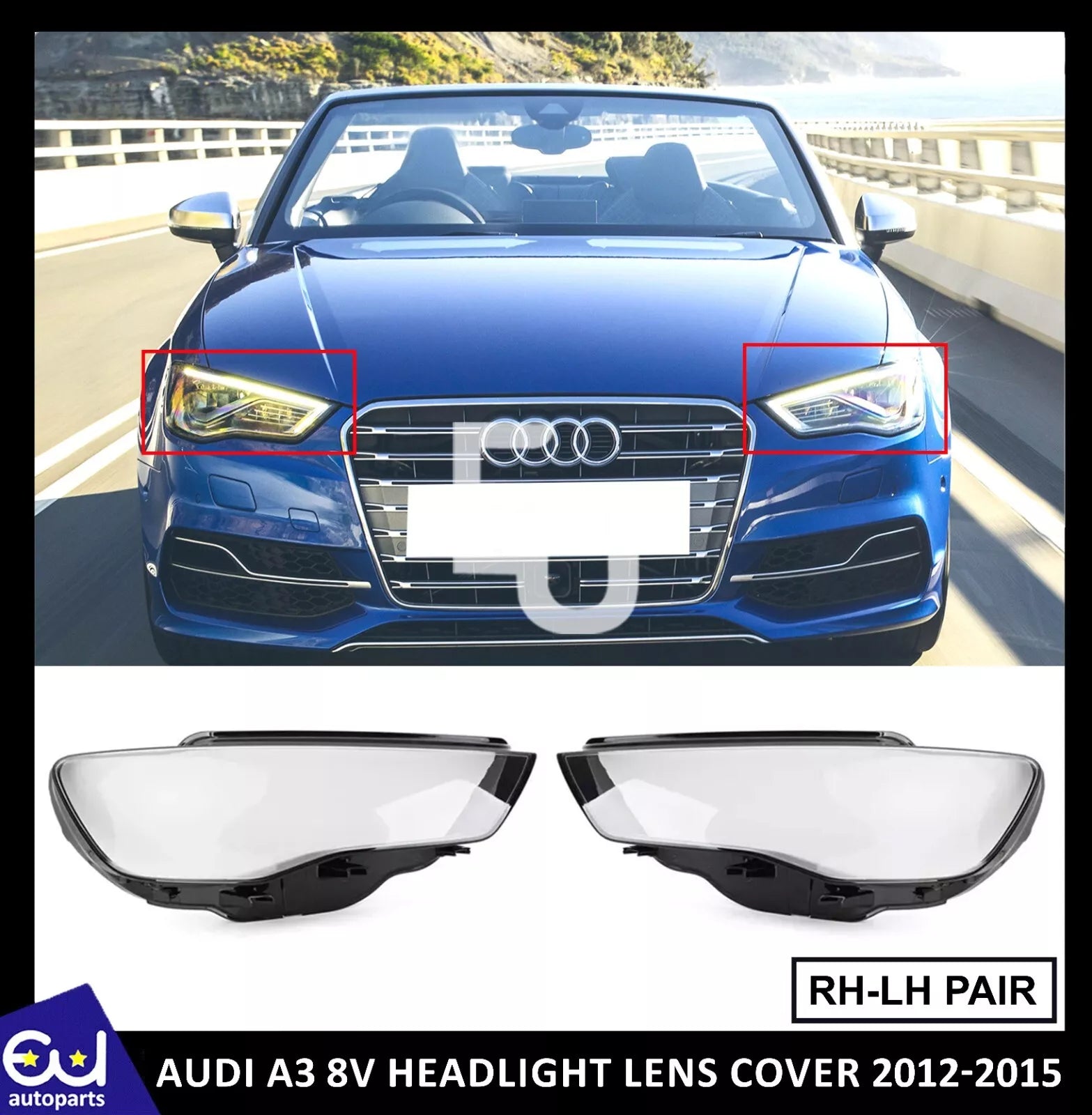 RIGHT LEFT SIDE PAIR HEADLIGHT HEADLAMP CLEAR LENS COVER FOR AUDI A3 8V 12-15