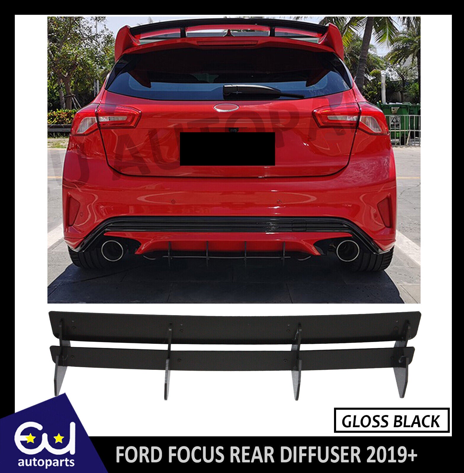 FOR FORD FOCUS REAR BUMPER DIFFUSER LIP ADDON WITH RIBS FINS GLOSS BLACK 19+